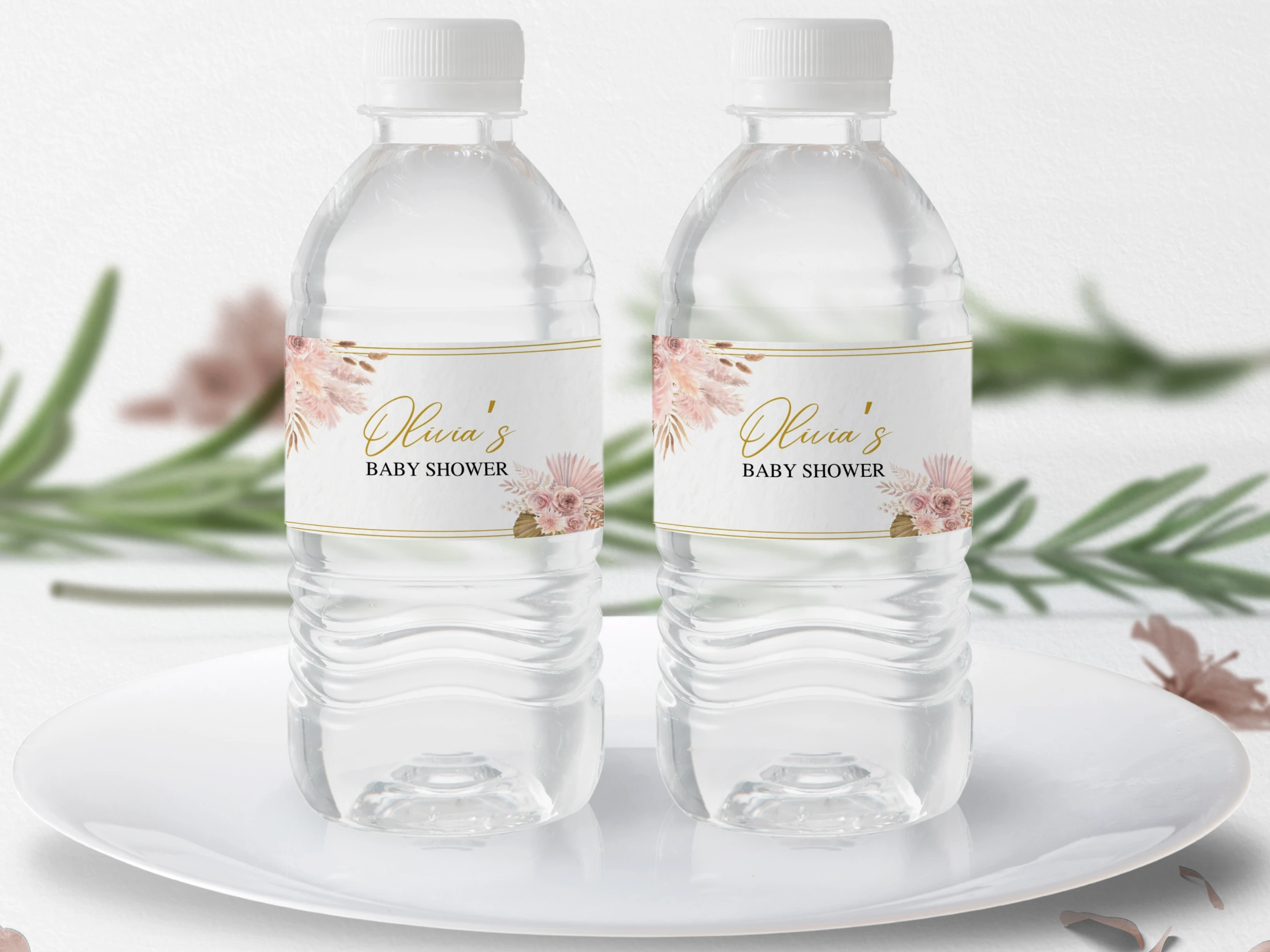 boho baby shower bottle label, pampas grass bottle sticker printable, rose gold baby shower drink label, boho girl baby shower bottle wrapper, editable bottle label Canva