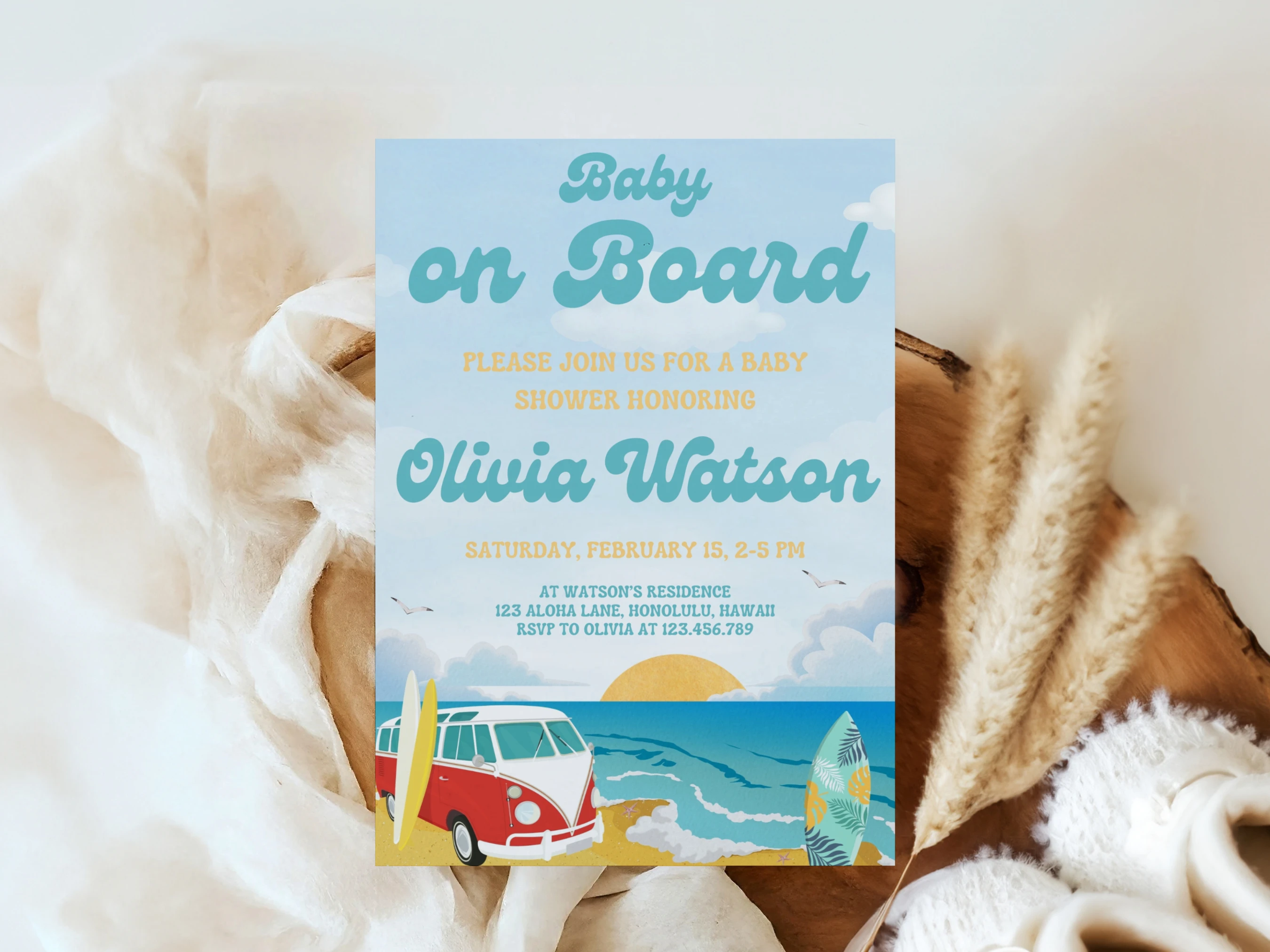 baby on board baby shower invitation, ocean baby shower invite, beach party baby shower invite template, printable baby shower invite, editable baby shower invitation Canva