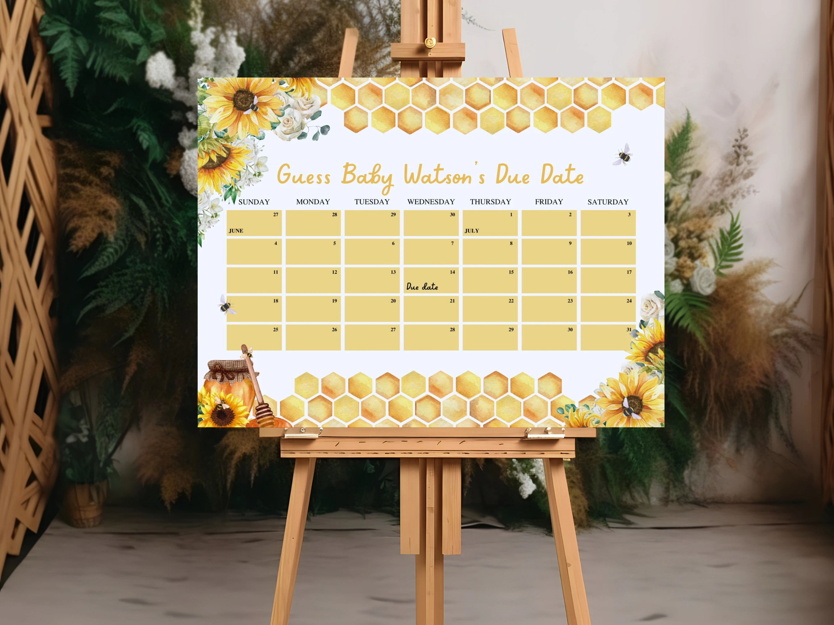Sunflower Honey Bee Baby Due Date Calendar | Yellow Bumble Bee Prediction Game | Spring Guess The Birthday For Baby Girl | Editable Canva Template | Digital Download