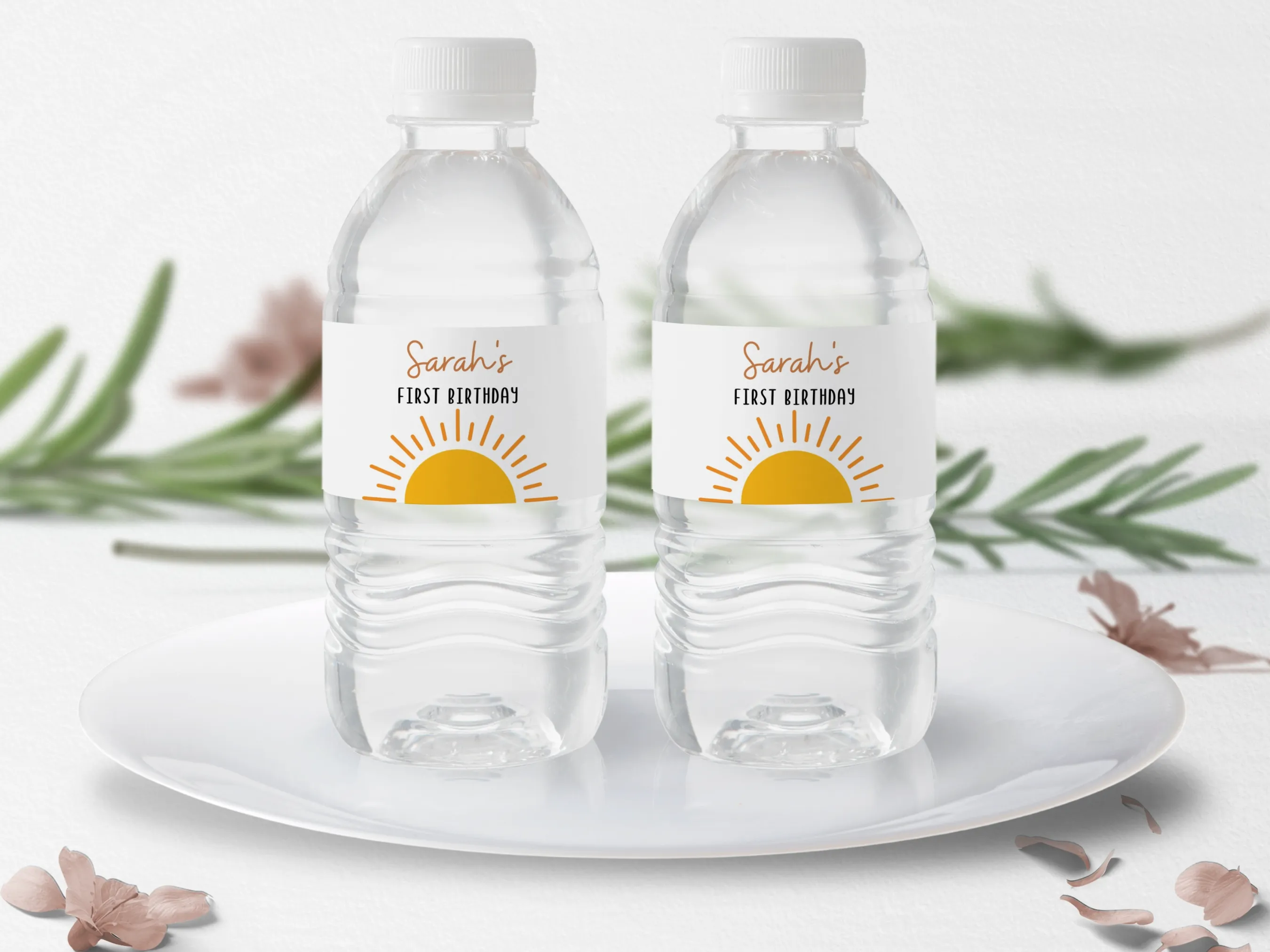 Sunshine First Trip Around the Sun water bottle labels with boho sun design, editable bottle wraps and bottle stickers for 1st birthday girls by fllcdesigns