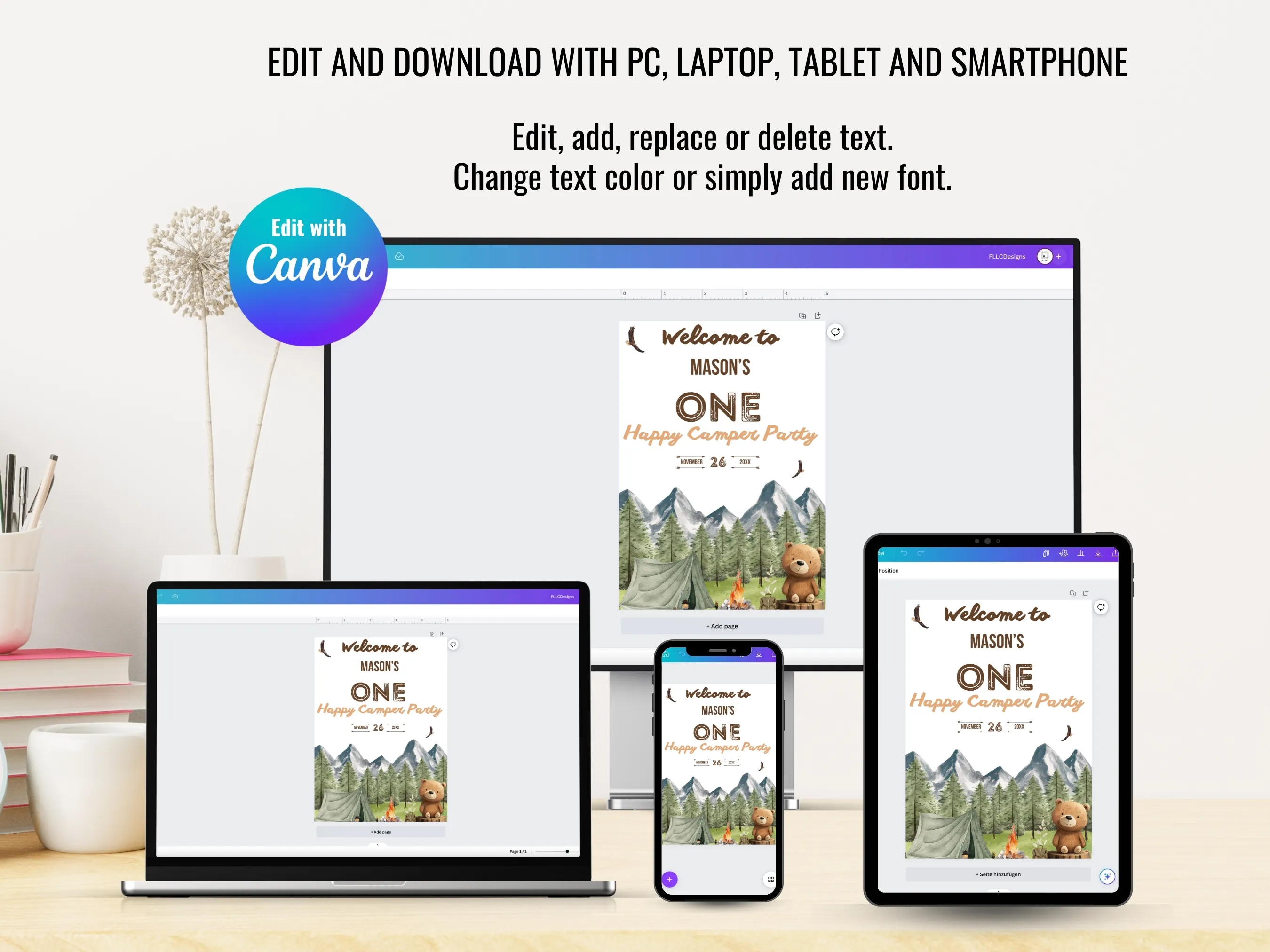 One Happy Camper Birthday Welcome Sign | Woodland Party Welcome Board | Forest Camping 1st Birthday Poster | Editable Canva Template | Digital Download