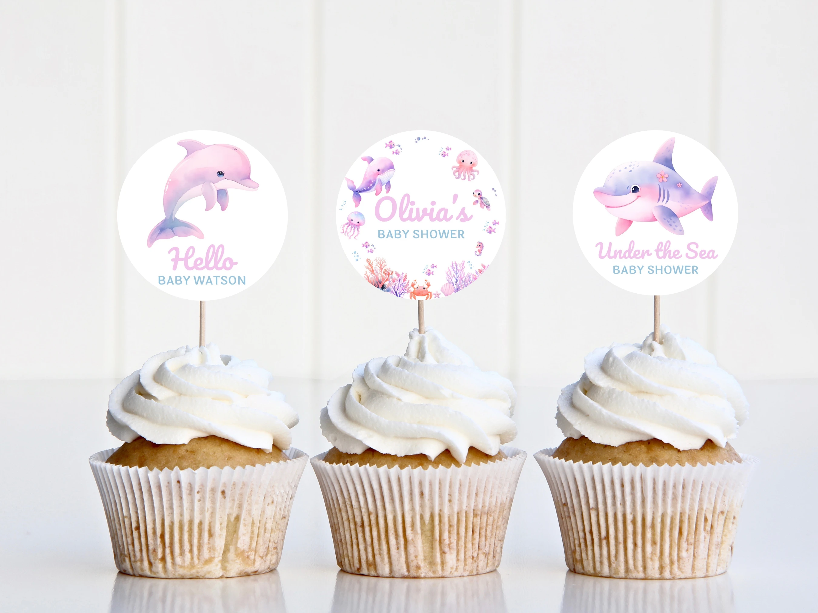 Under The Sea Baby Shower Cupcake Toppers | Ocean Animals Pink Baby Girl Cake Topper | Editable Canva Template | Digital Download