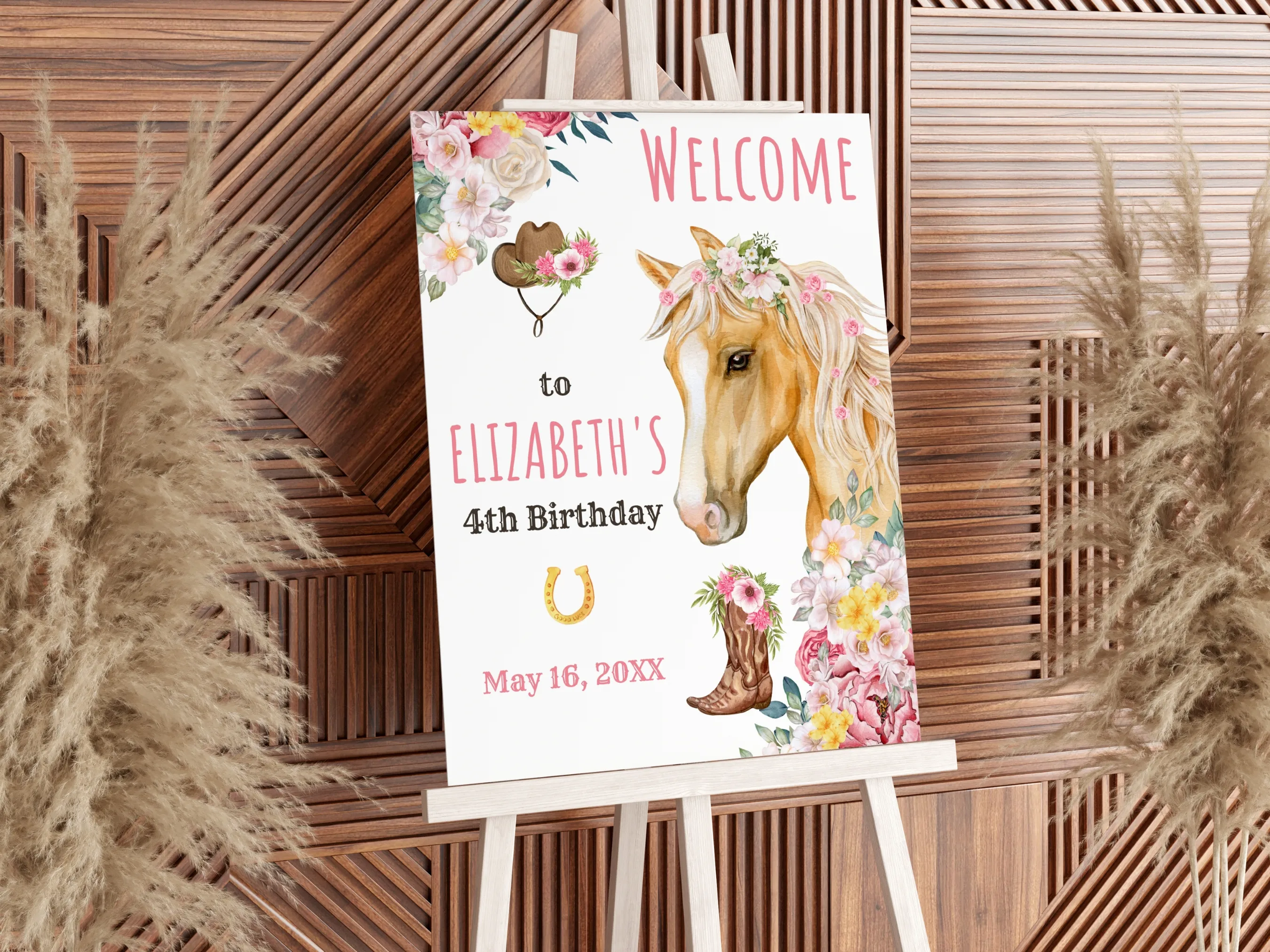 Horse birthday welcome sign with My First Rodeo cowgirl theme, western 1st birthday party welcome board, editable Canva template digital download.”