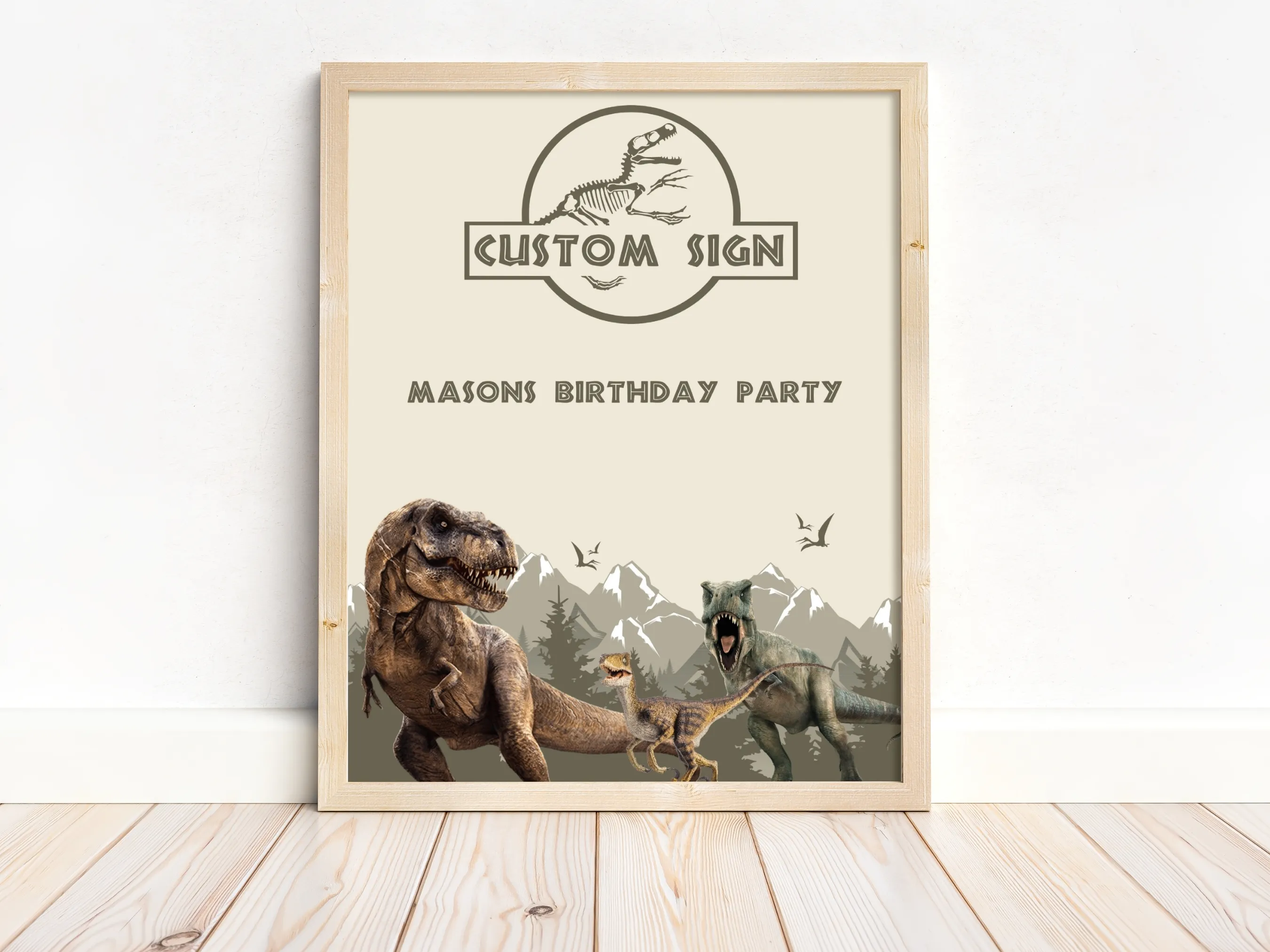 Dinosaur birthday party cards and gifts sign with Jurassic dinosaur theme, customizable gift table sign, editable Canva template by fllcdesigns
