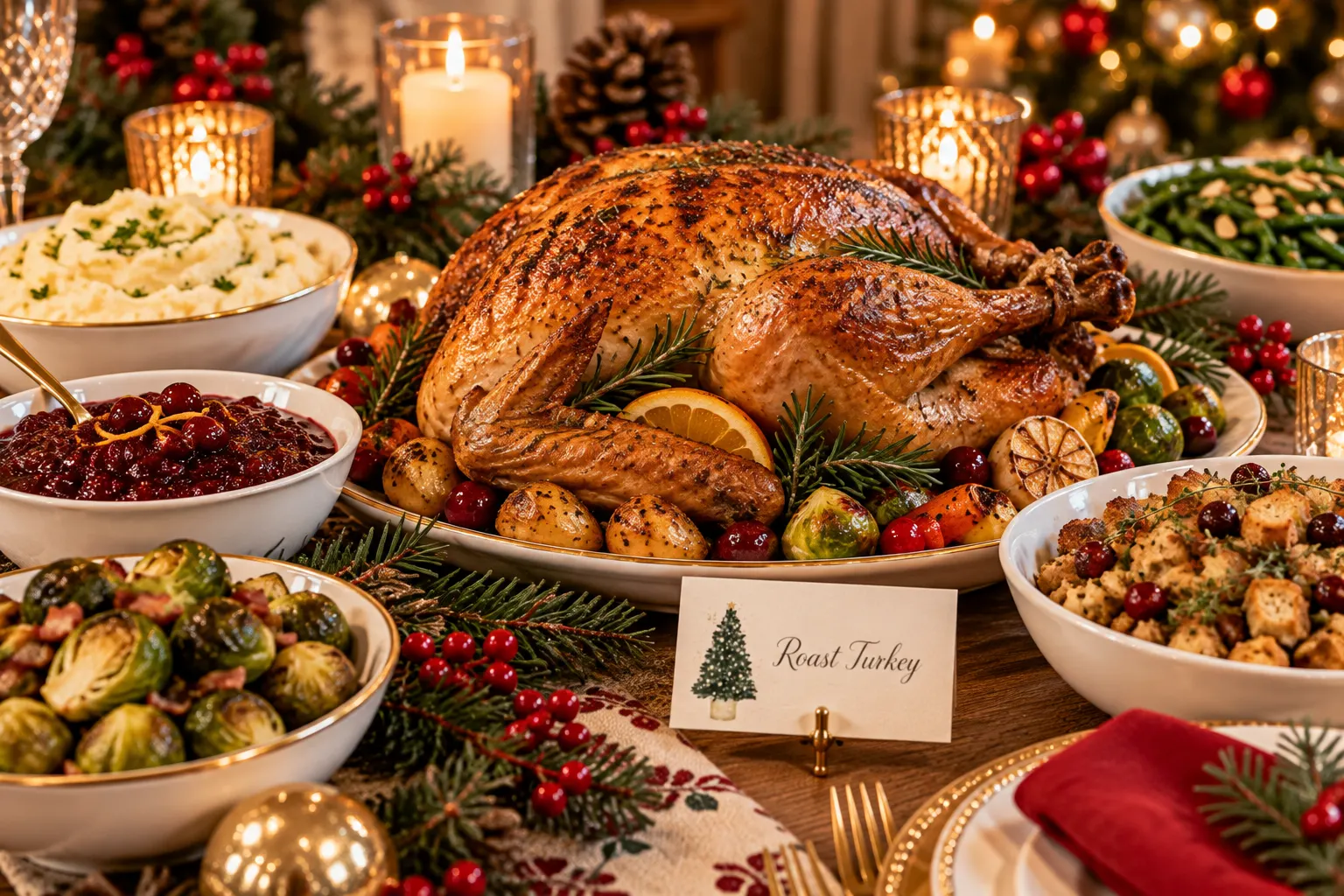 Traditional Christmas dinner with roast turkey, potatoes, vegetables, stuffing, cranberry sauce and festive table decorations