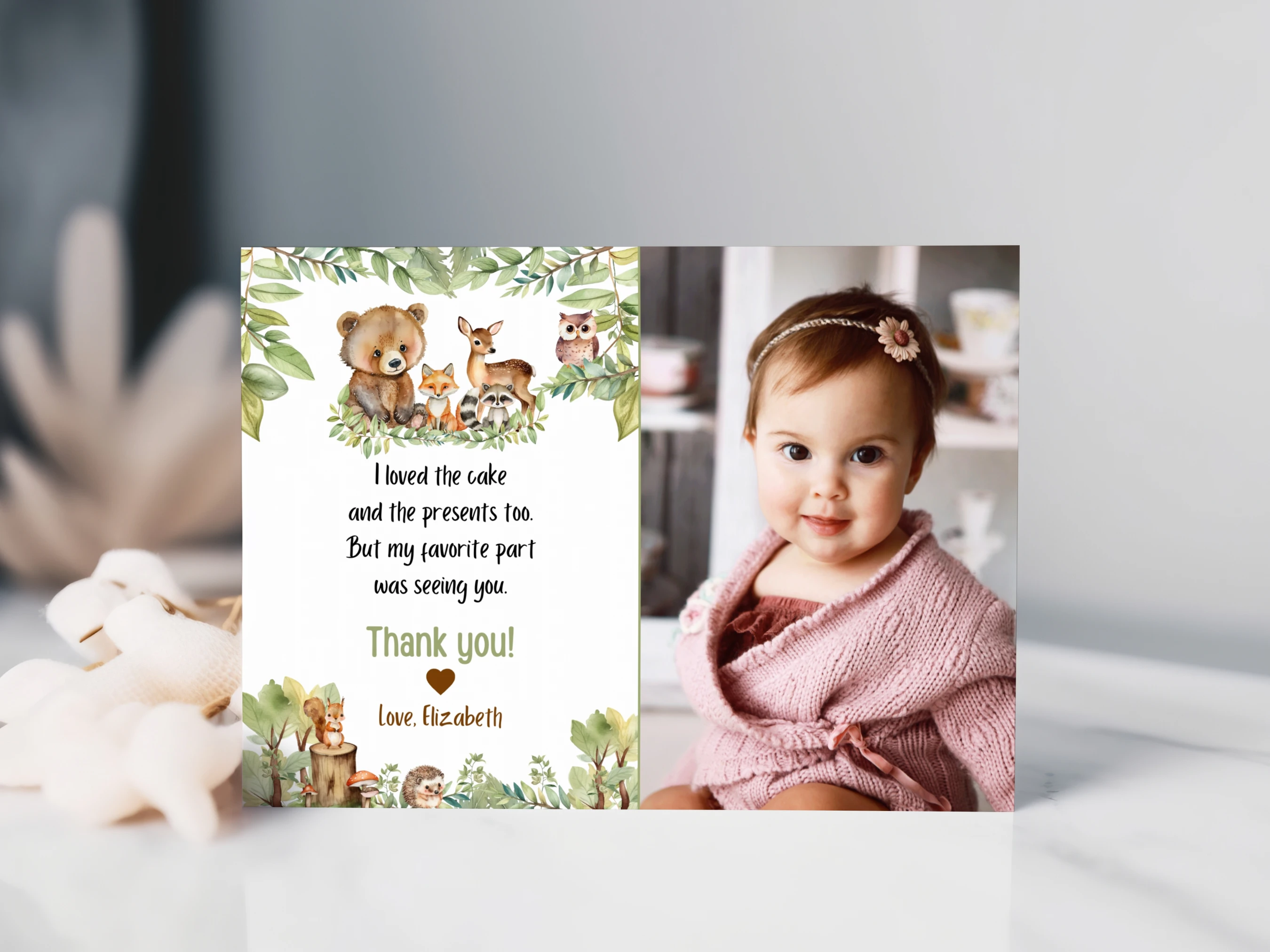 wild one thank you card, woodland birthday thank you note, birthday thank you card with photo, forest animals thank you note, printable kids thank you card