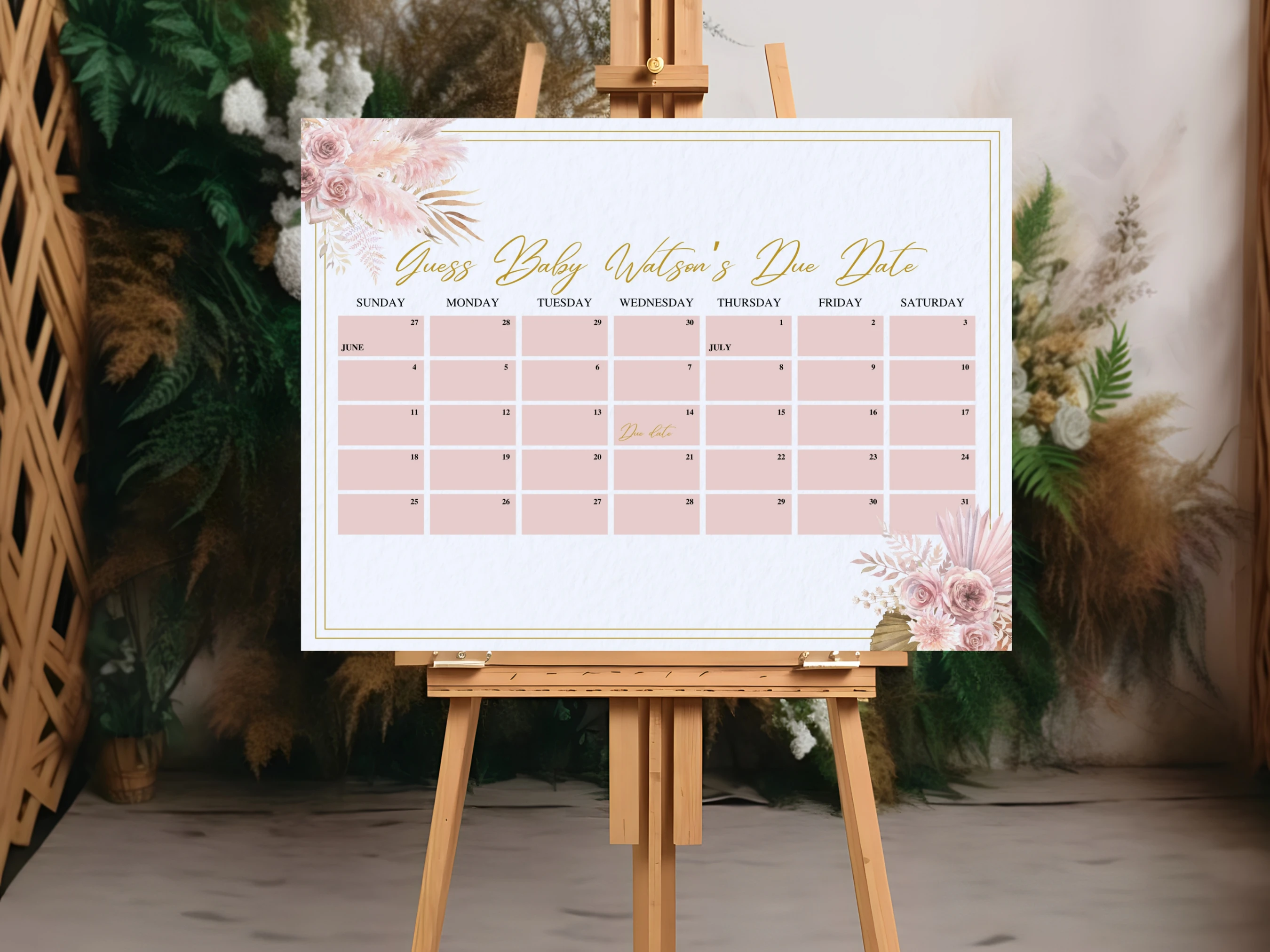 Boho Baby Due Date Calendar | Pampas Grass Prediction Game | Rose Gold Guess The Birthday For Baby Girl | Editable Canva Template | Digital Download