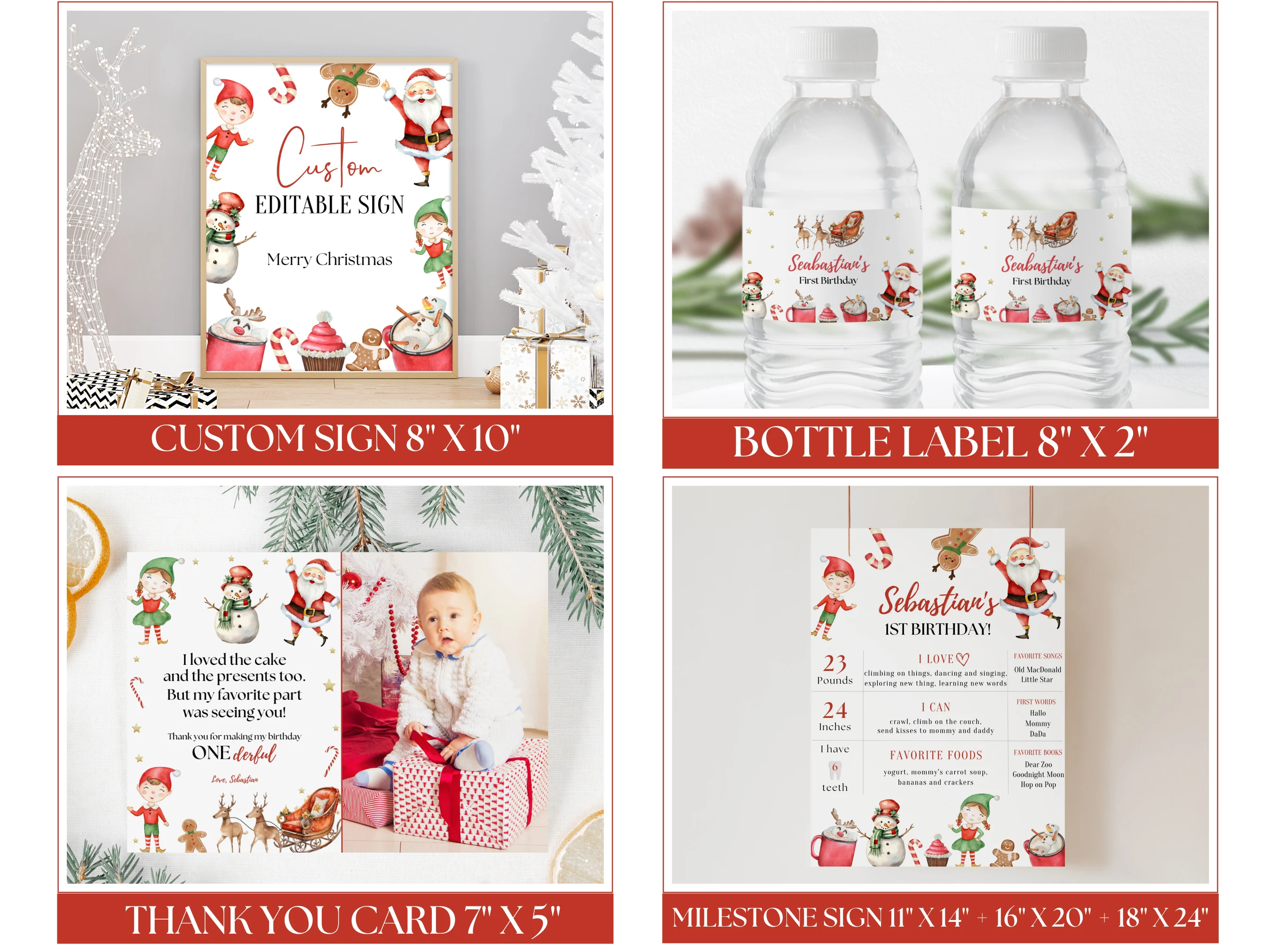 Santa First Birthday Party Bundle | ONEderful Christmas Birthday Decor | Editable Canva Template | Digital Download