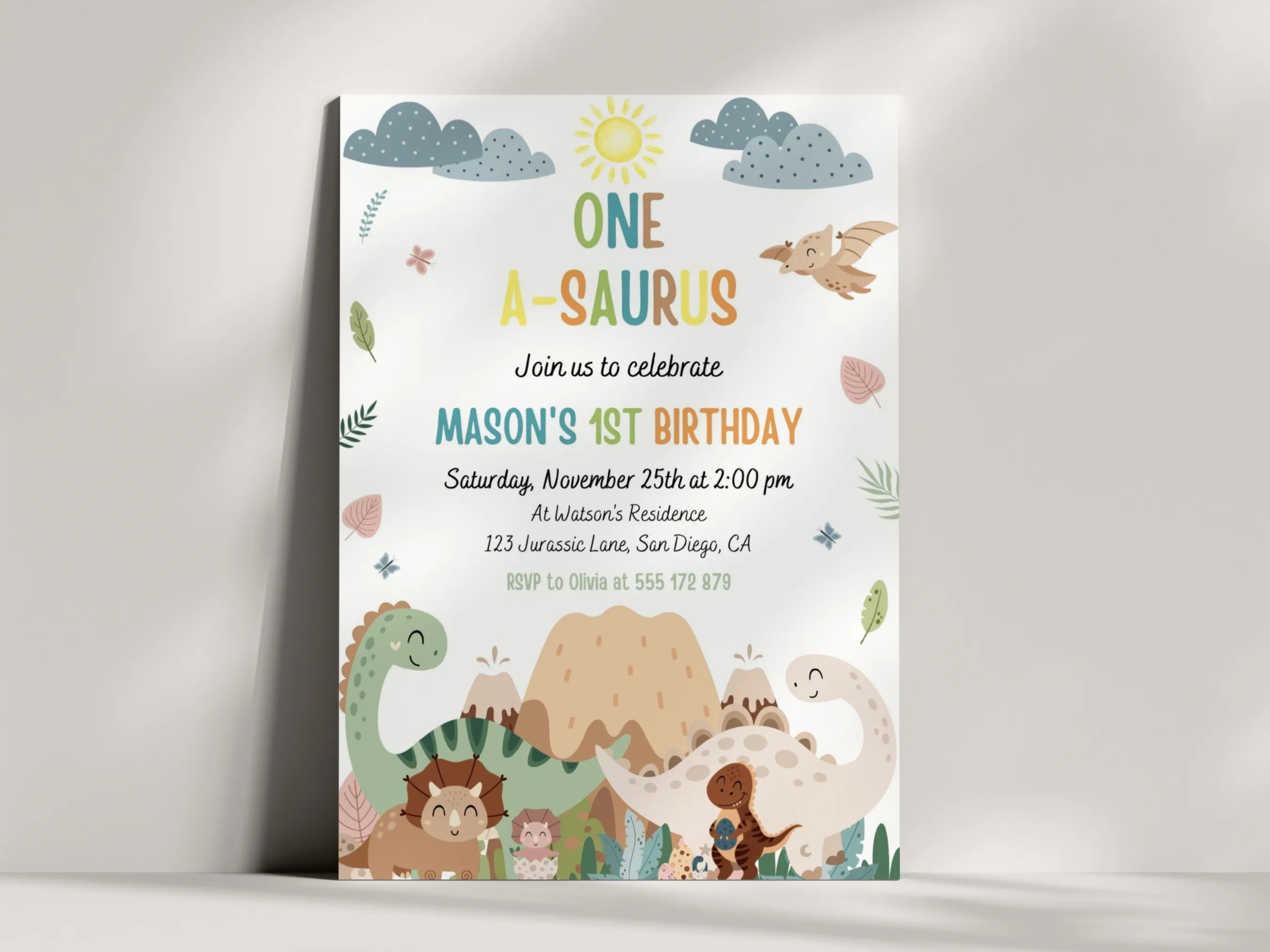 Dinosaur 1st birthday invitation with T-Rex dino theme for boys, editable Canva template for kids’ prehistoric party, digital download.