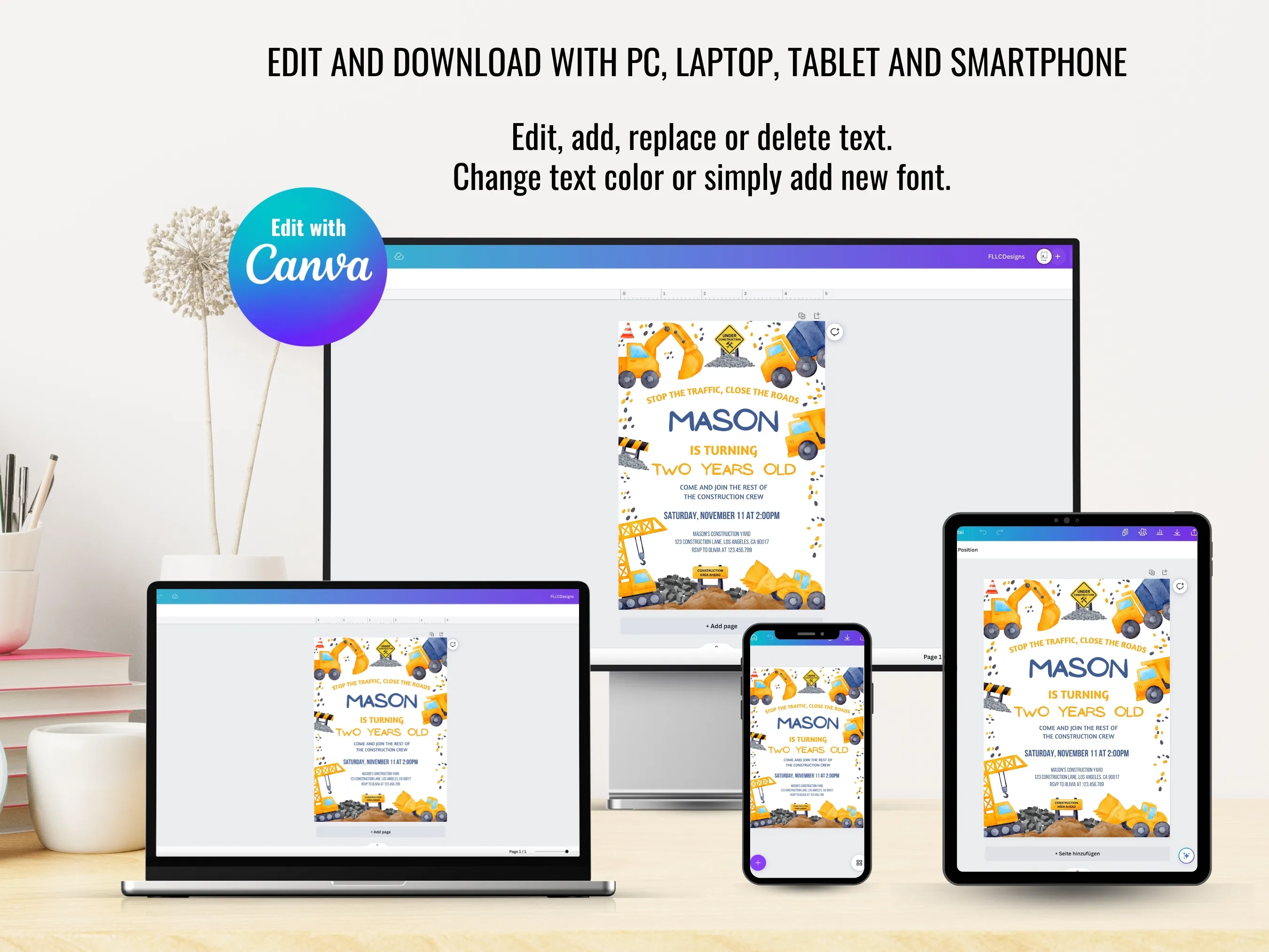 Construction Birthday Mobile Invitation | Excavator & Dump Truck Evite | Editable Canva Template | Digital Download