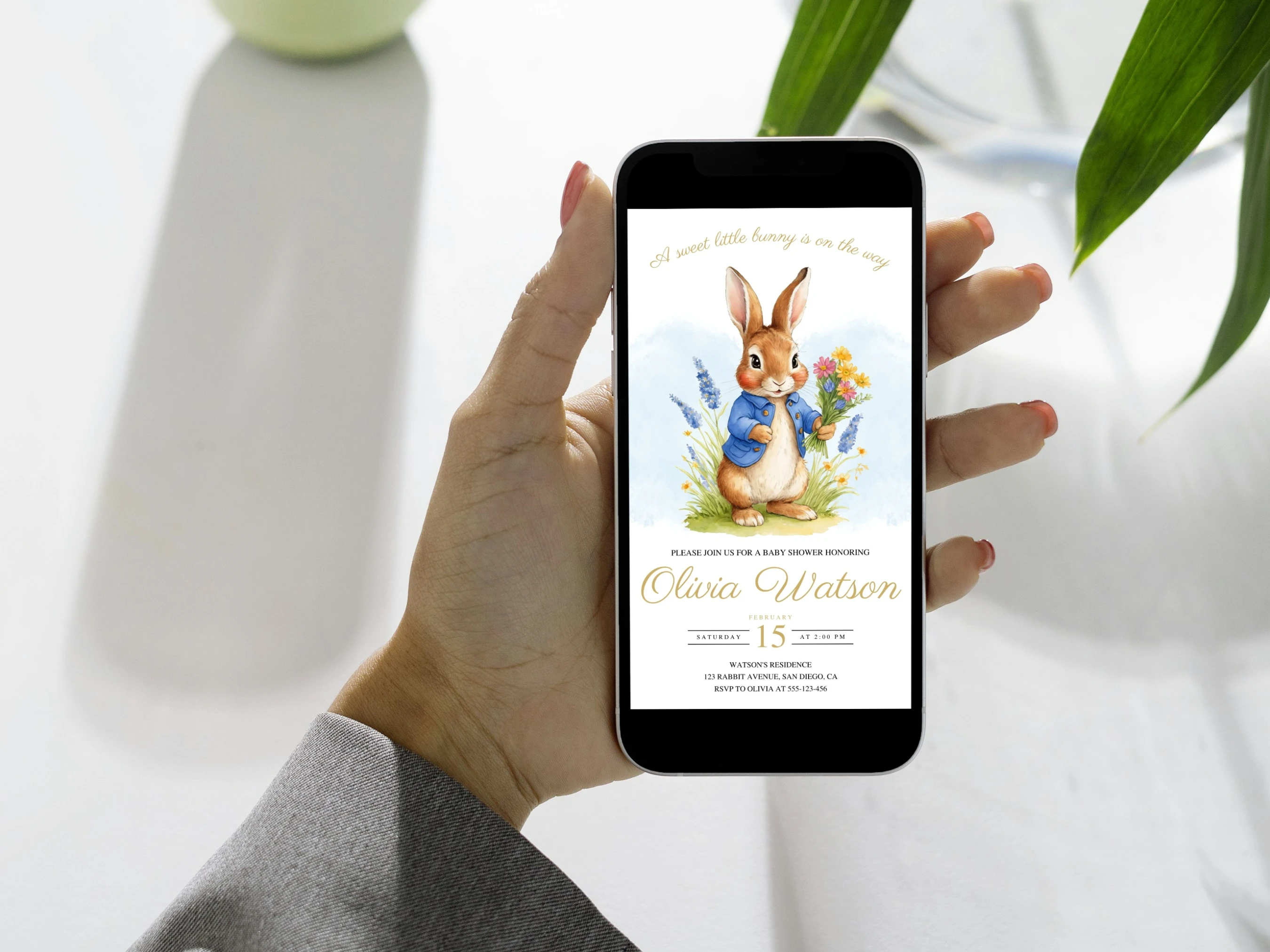 Peter Rabbit Baby Shower Mobile Invitation | Flopsy Bunny Baby Shower Digital Invite | Spring Greenery Baby Shower Party | Editable Canva Template | Digital Download