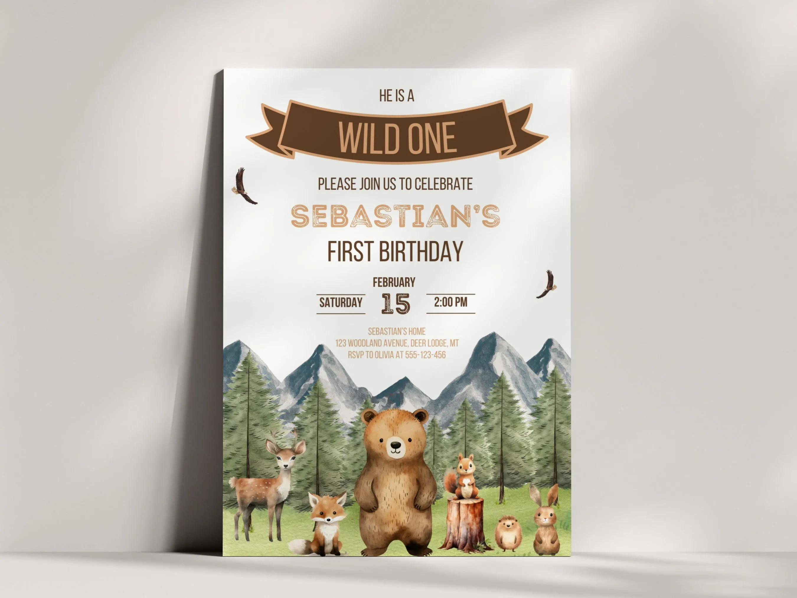 Wild One woodland animals birthday invitation with forest animals theme, editable Canva template for kids’ nature party, digital download.