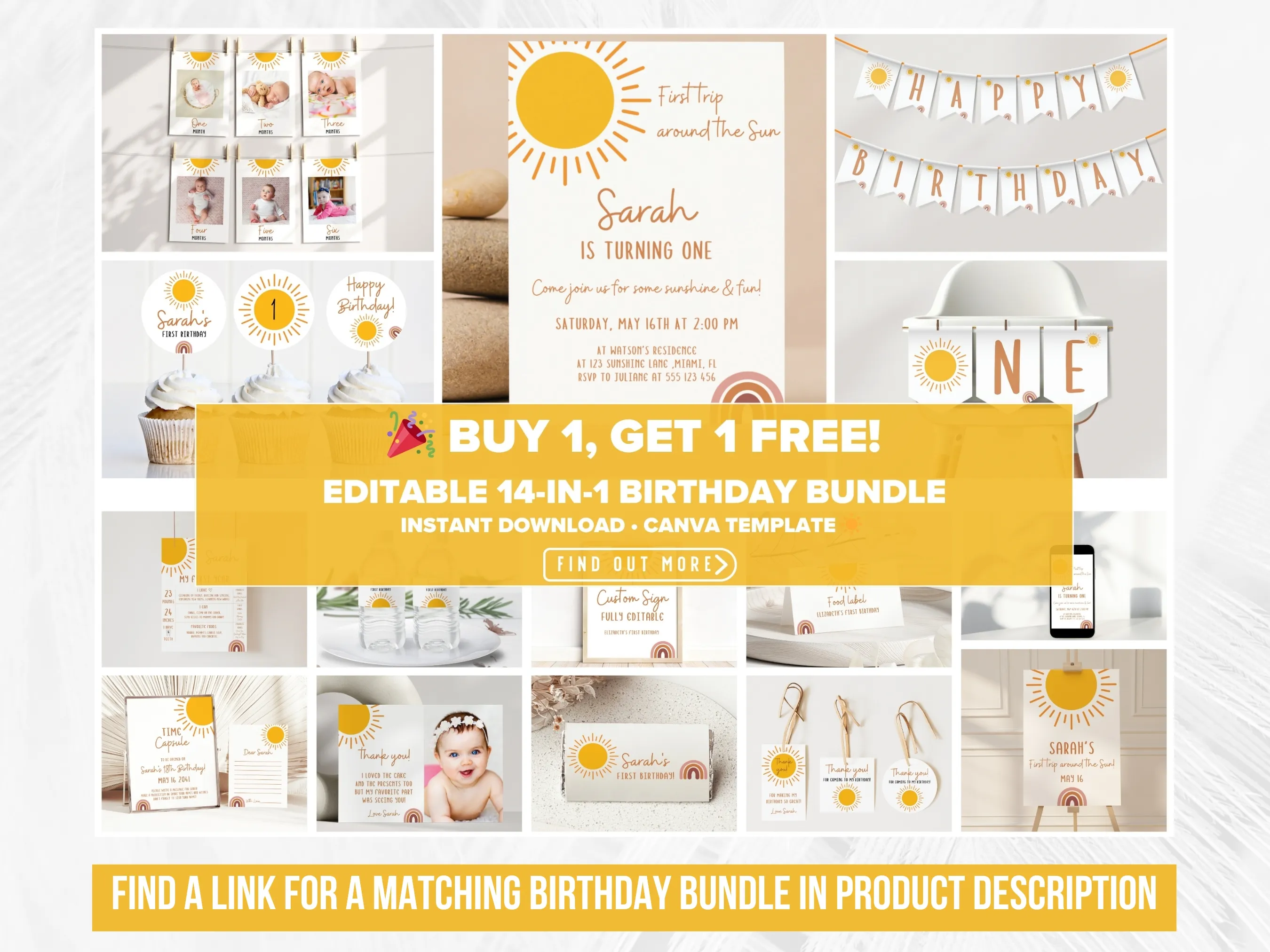 Sunshine Birthday Evite | First Trip Around the Sun Boho Rainbow Mobile Invitation | Editable Canva Template | Digital Download