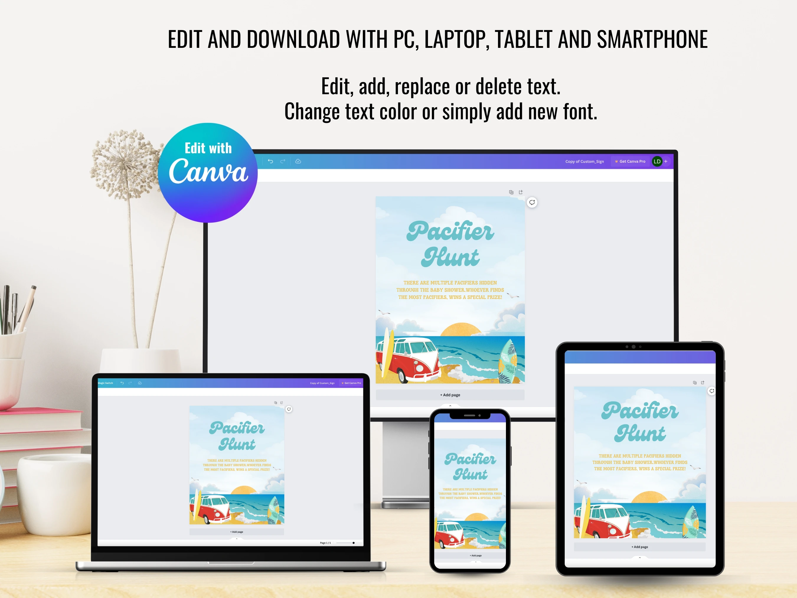 Beach Baby Shower Table Signs | Baby On Board Late Night Diapers | Pacifier Hunt Sign | Editable Canva Template | Digital Download