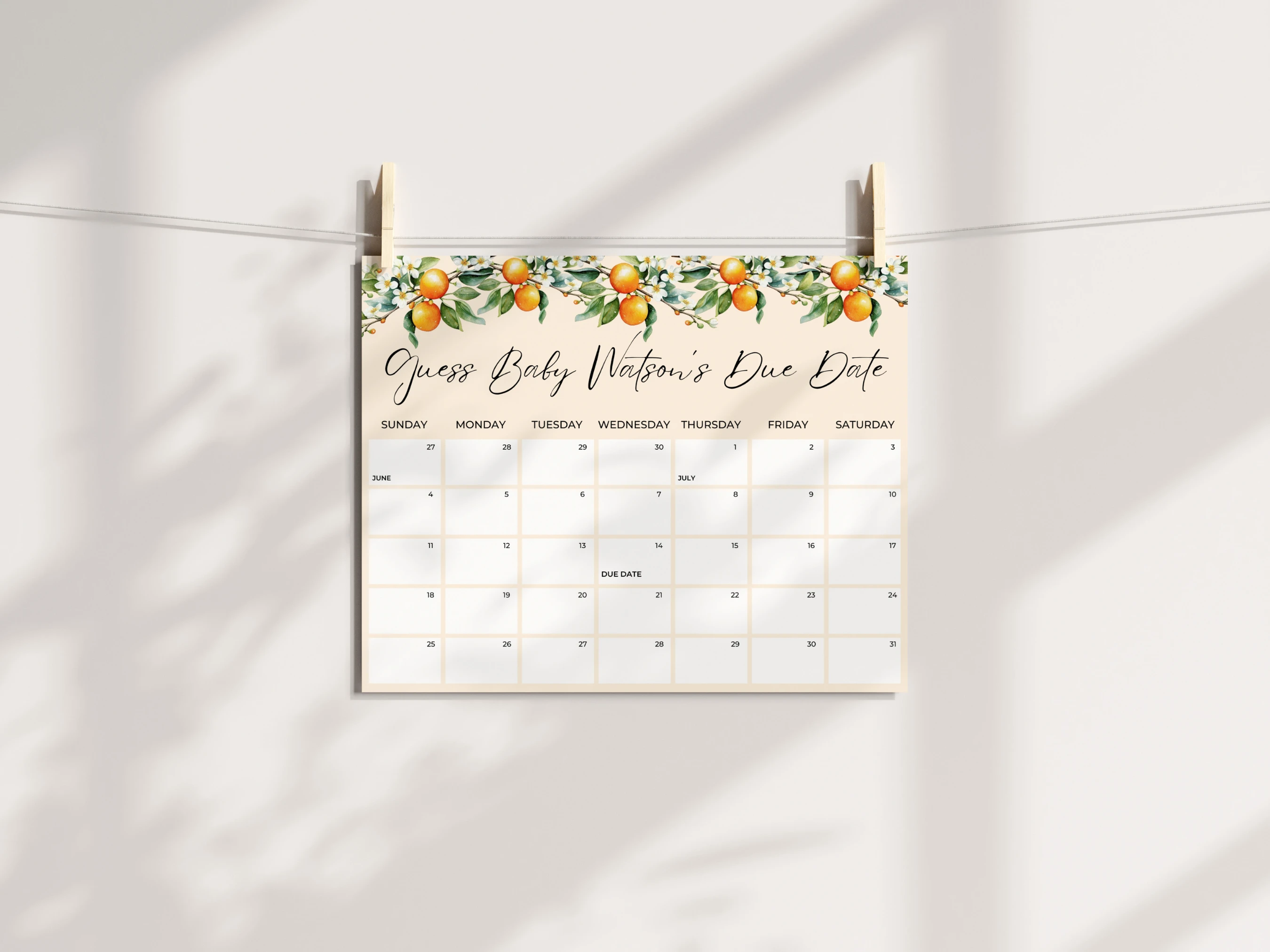 Little Cutie Baby Due Date Calendar | Orange Citrus Prediction Game | Spring Guess The Birthday For Baby Girl | Editable Canva Template | Digital Download