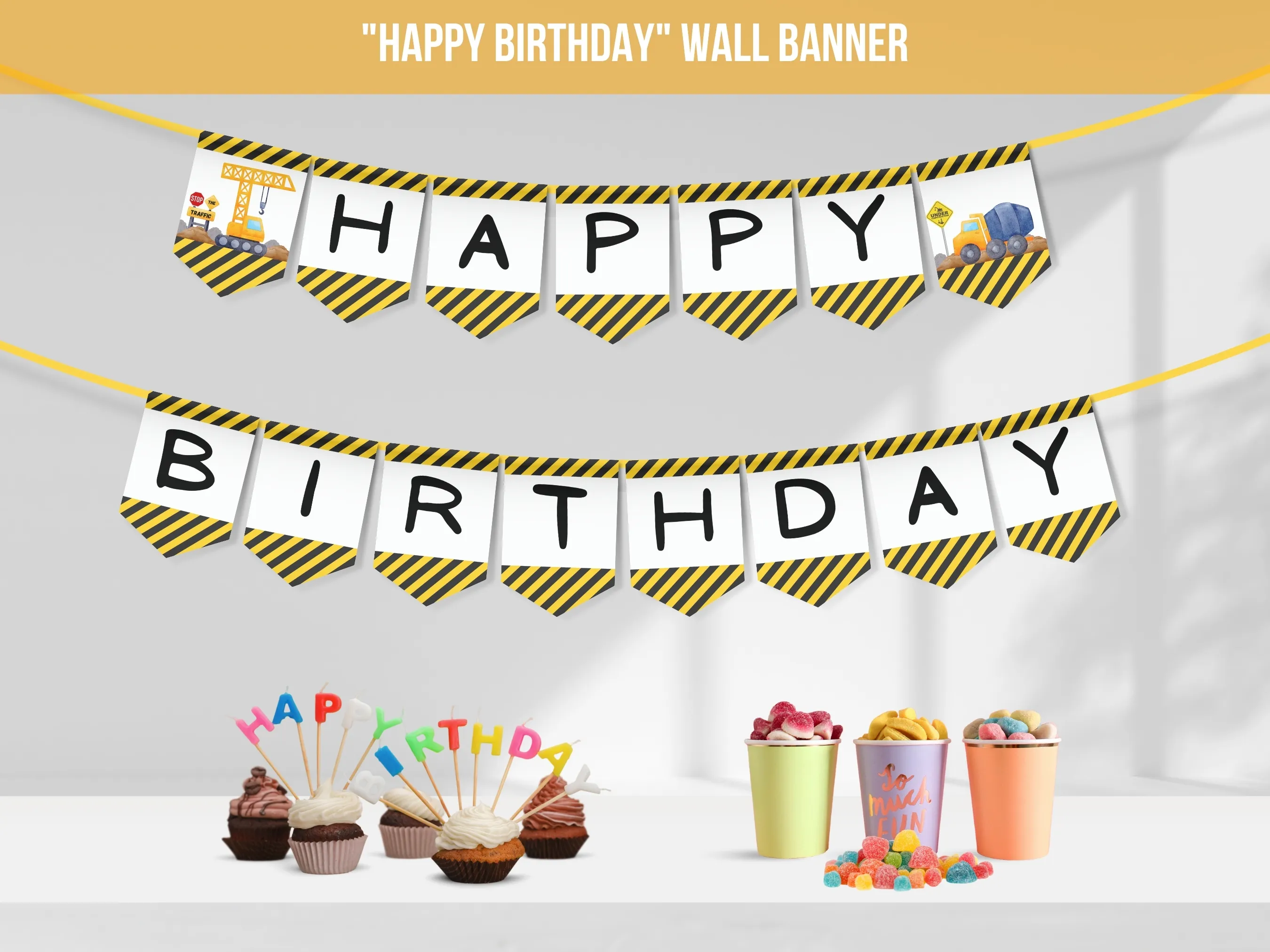 Construction Happy Birthday banner with excavator and construction vehicle theme, customizable party bunting, editable Canva template by fllcdesigns