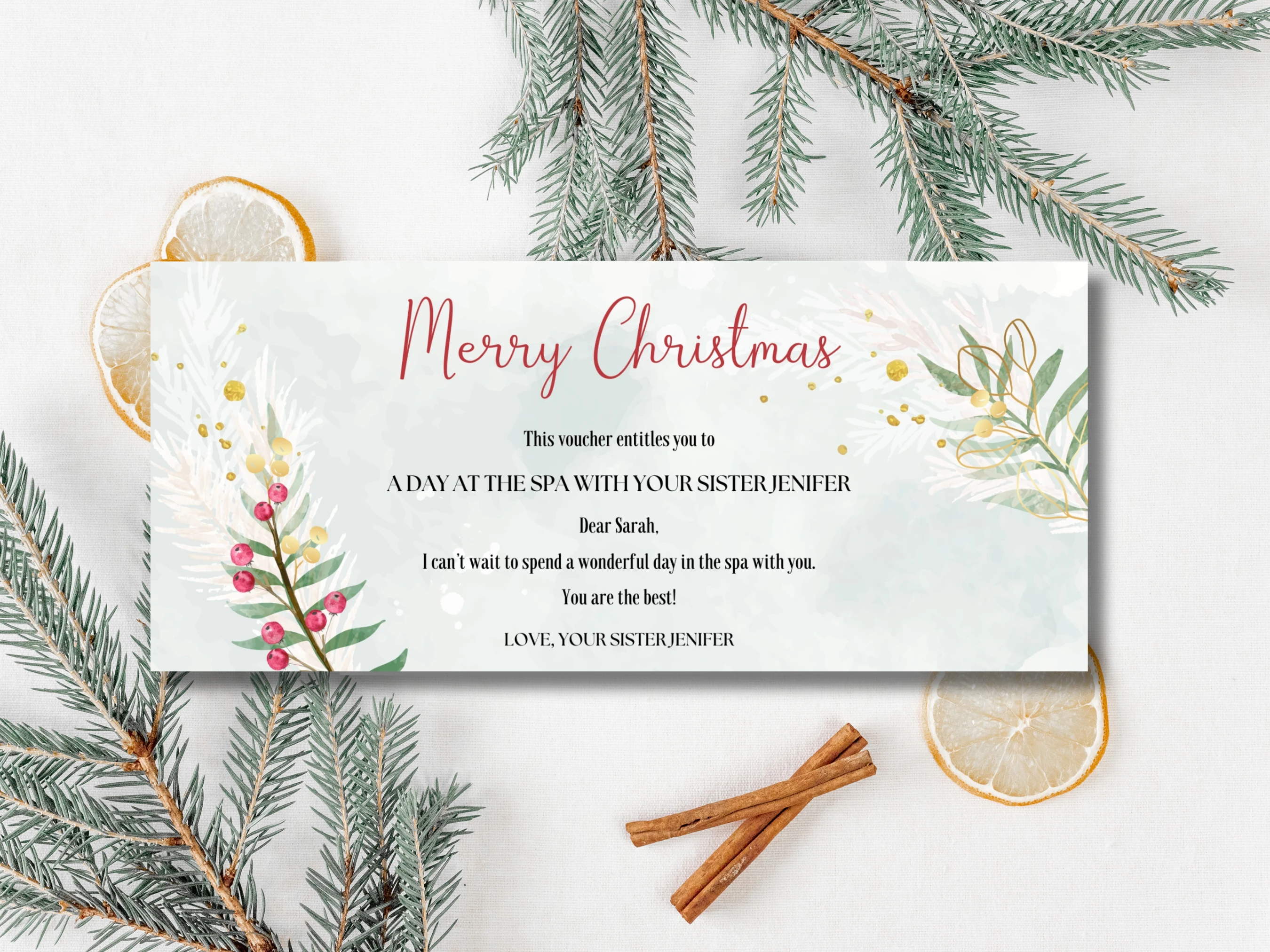 Elegant Christmas gift voucher template with festive greenery, red berries and gold holiday accents, editable 8 × 3.5 inch Canva gift certificate for a personalized Christmas present