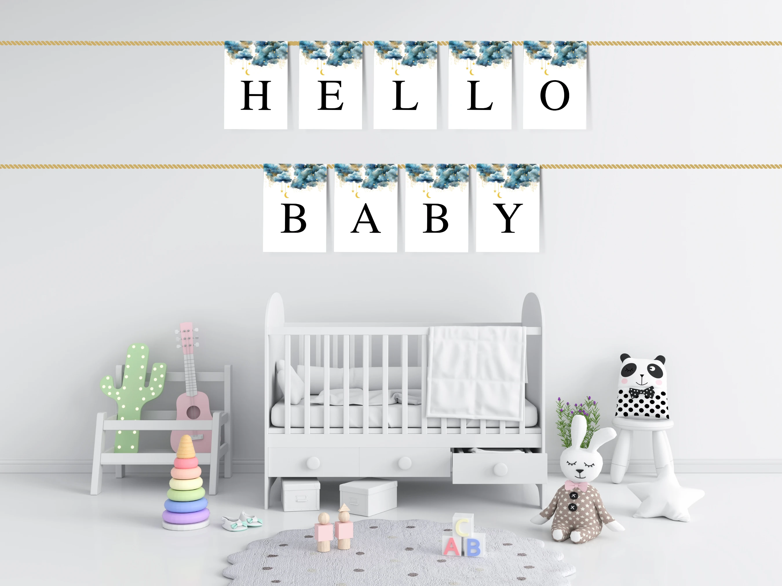 twinkle little star baby shower banner, over the moon baby shower bunting, moon and stars baby shower banner, baby shower welcome banner printable, editable baby shower banner Canva