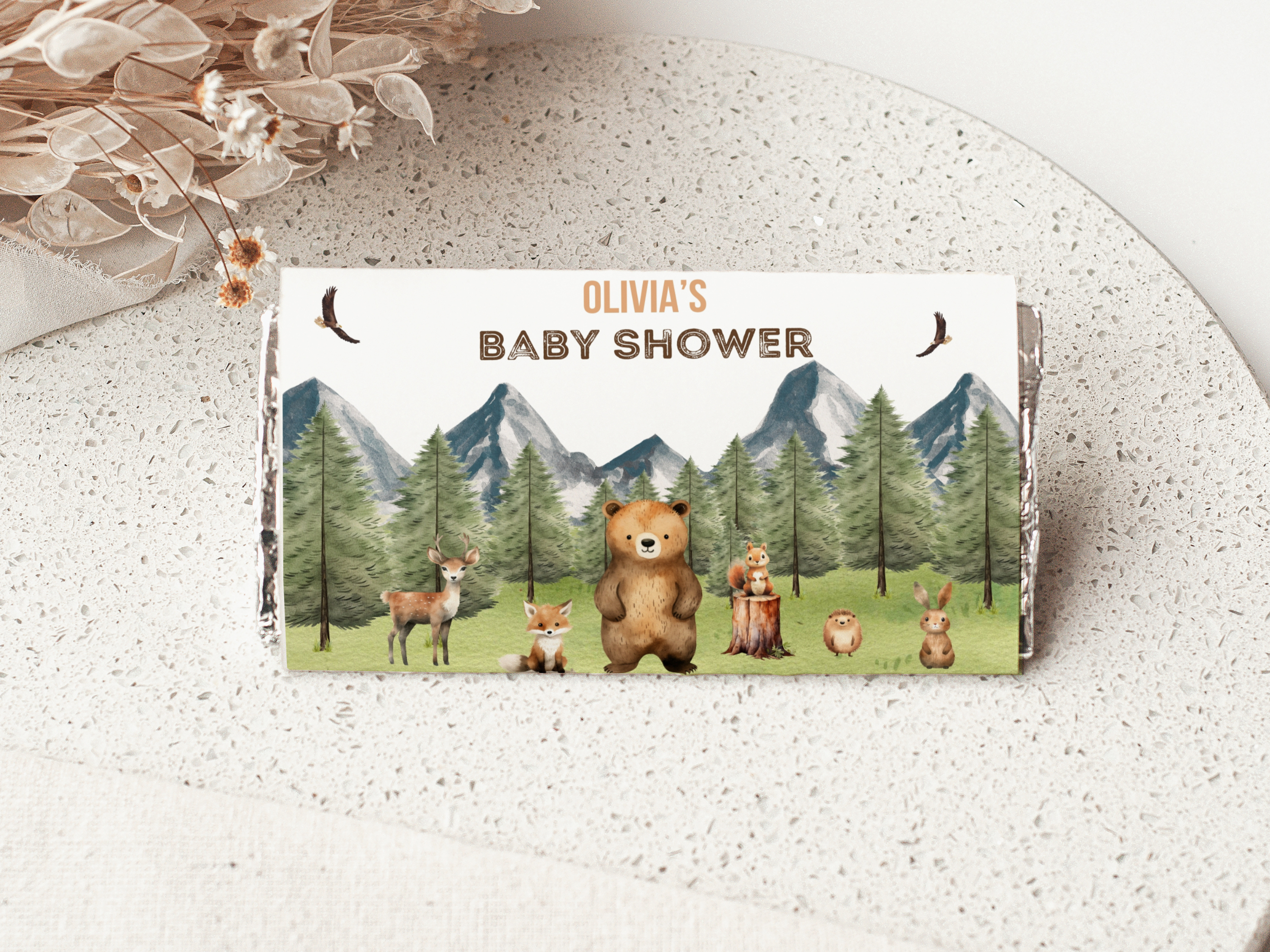 forest animals baby shower chocolate wrapper, woodland candy bar wrapper printable, adventure awaits mountain chocolate label, woodland baby shower candy bar label, editable chocolate wrapper Canva