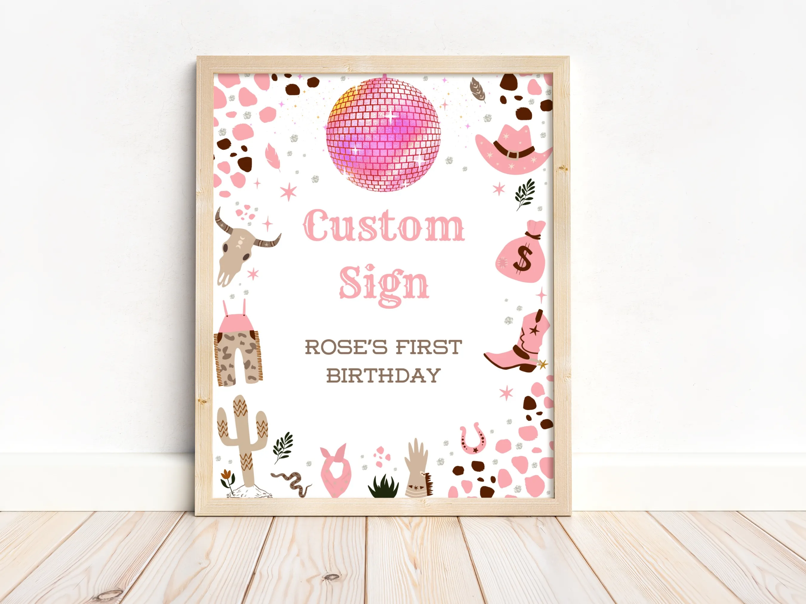 Space Cowgirl My First Rodeo cards and gifts sign with disco cowgirl western theme, customizable gift table sign, editable Canva template by fllcdesigns