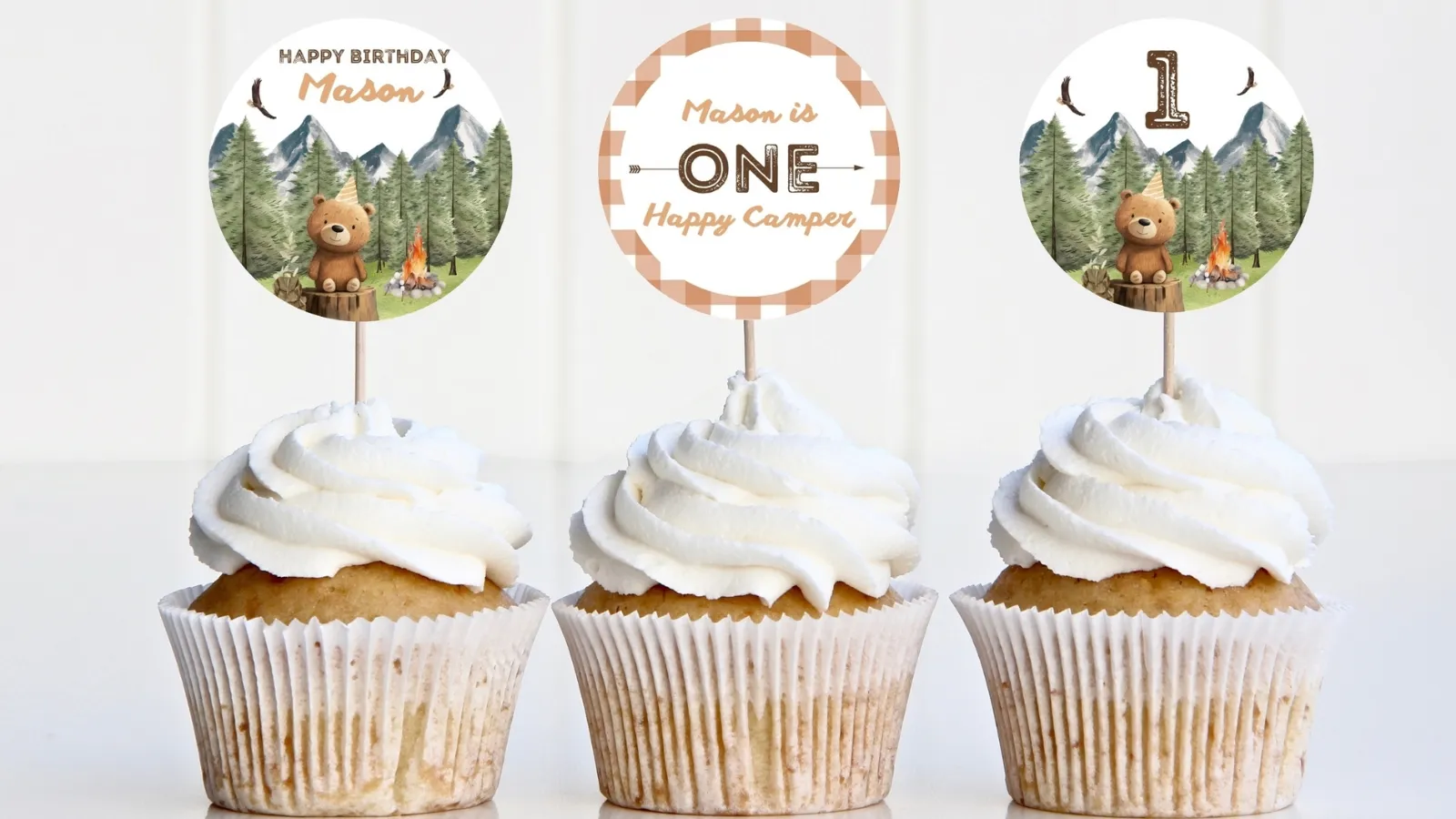Printable birthday cupcake toppers with colorful themed designs for kids’ parties, editable in Canva