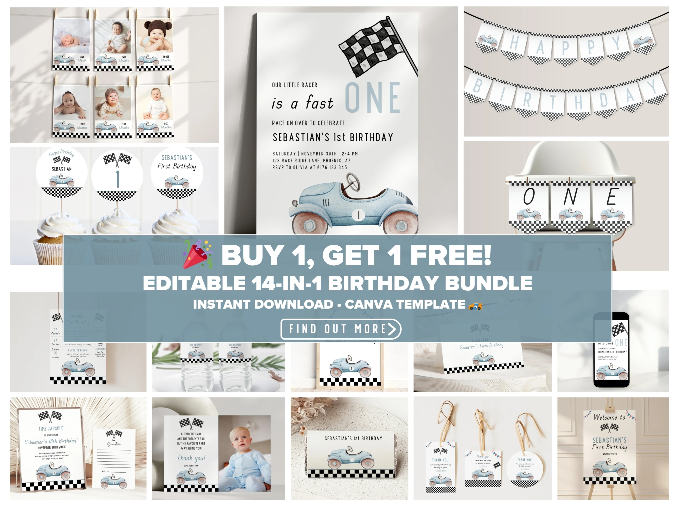 Editable Canva birthday party bundle digital download by fllcdesigns