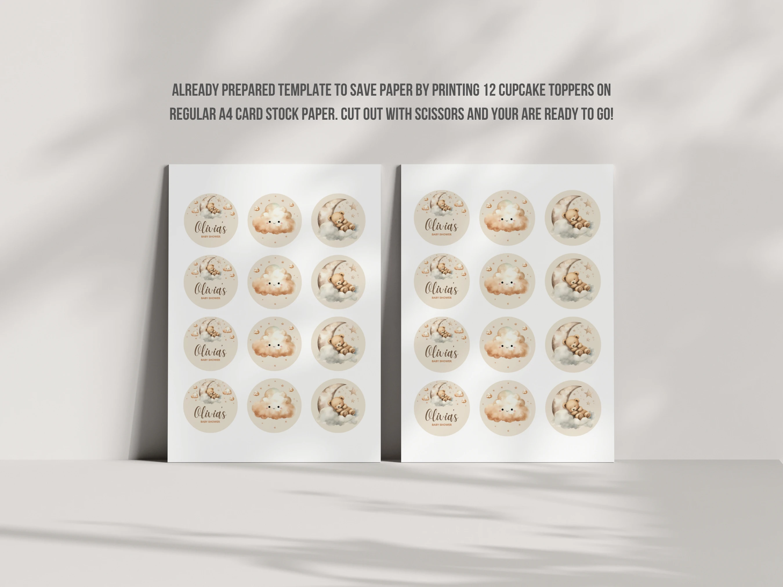 Sleeping Teddy Bear Baby Shower Cupcake Toppers | Over The Moon Beige Gold Boho Cake Topper | Editable Canva Template | Digital Download