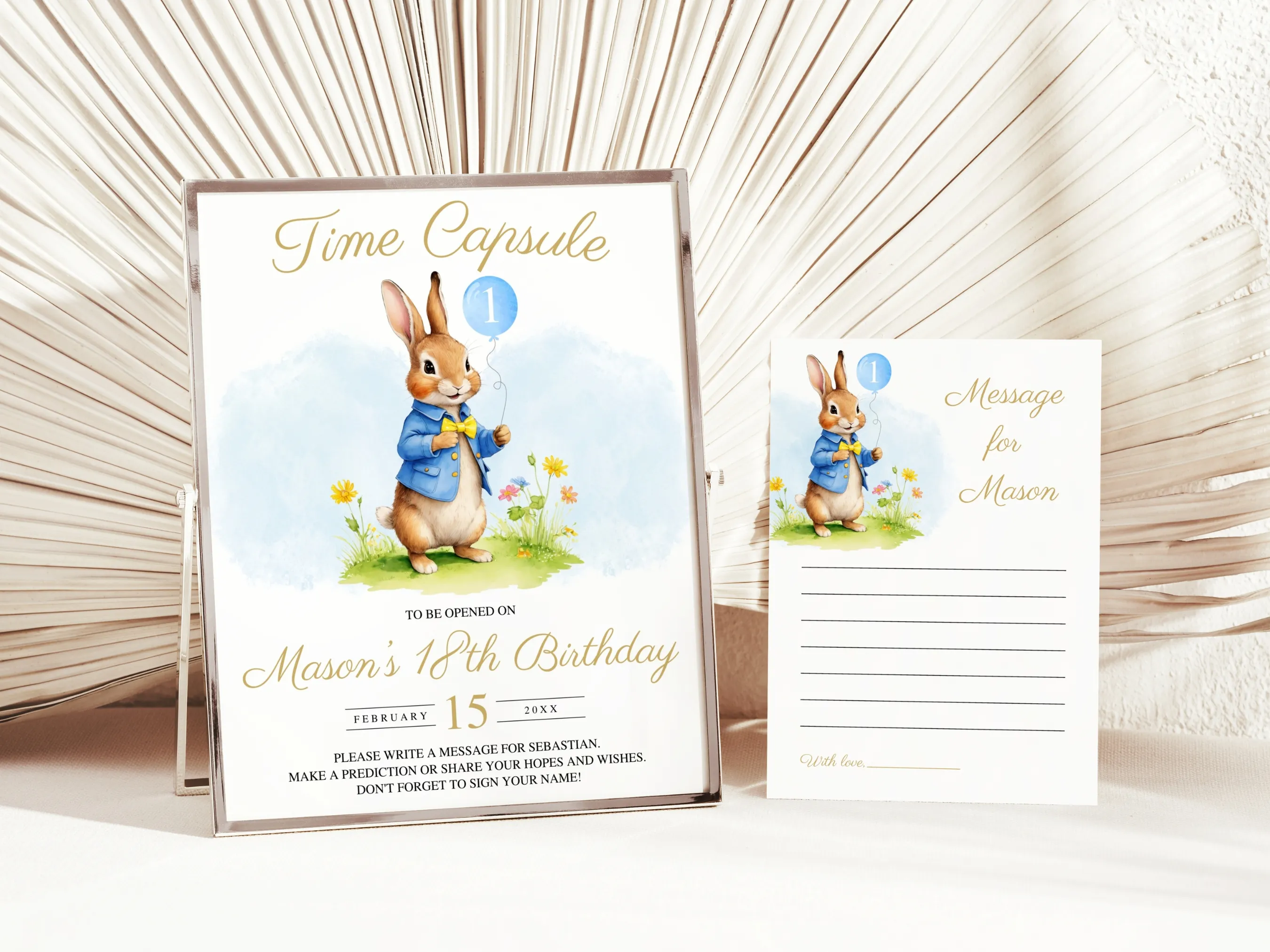Peter Rabbit birthday time capsule sign and wishes card with Flopsy Bunny guest book design, editable Canva template, digital download.