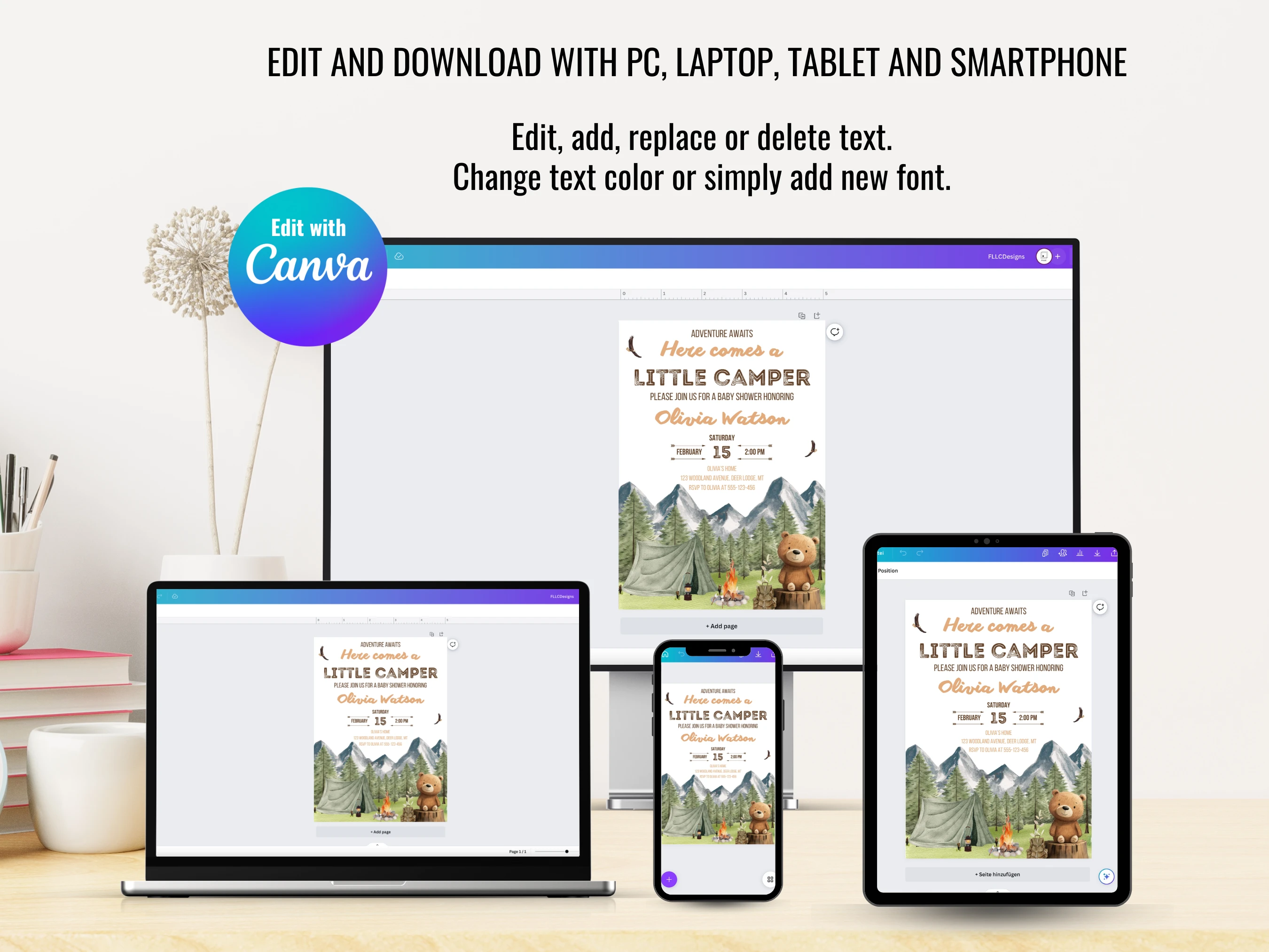 Little Camper Baby Shower Mobile Invitation | Adventure Awaits Woodland Baby Shower Digital Invite | Brown Bear Baby Shower Party | Editable Canva Template | Digital Download