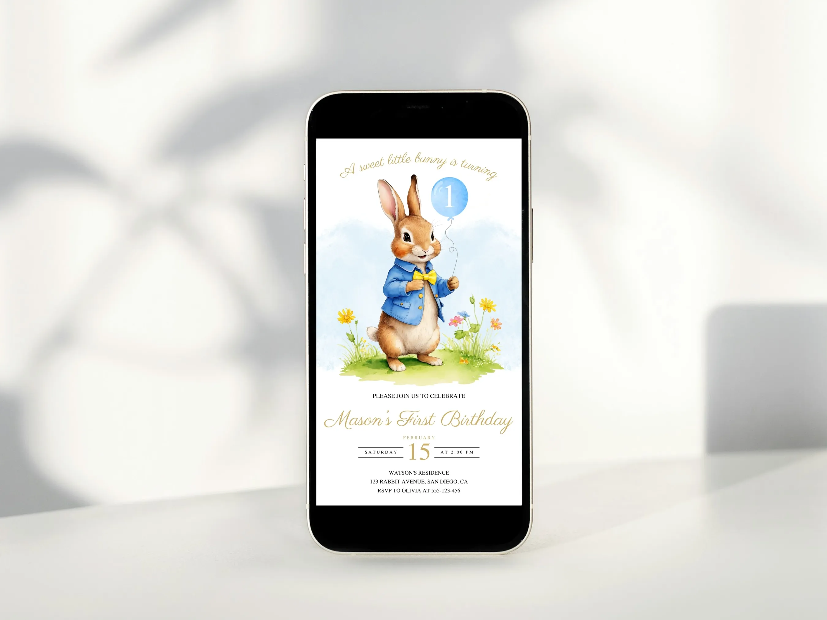 Peter Rabbit birthday mobile invitation with Flopsy Bunny design, cute 1st birthday boy digital invite, editable Canva template, digital download.