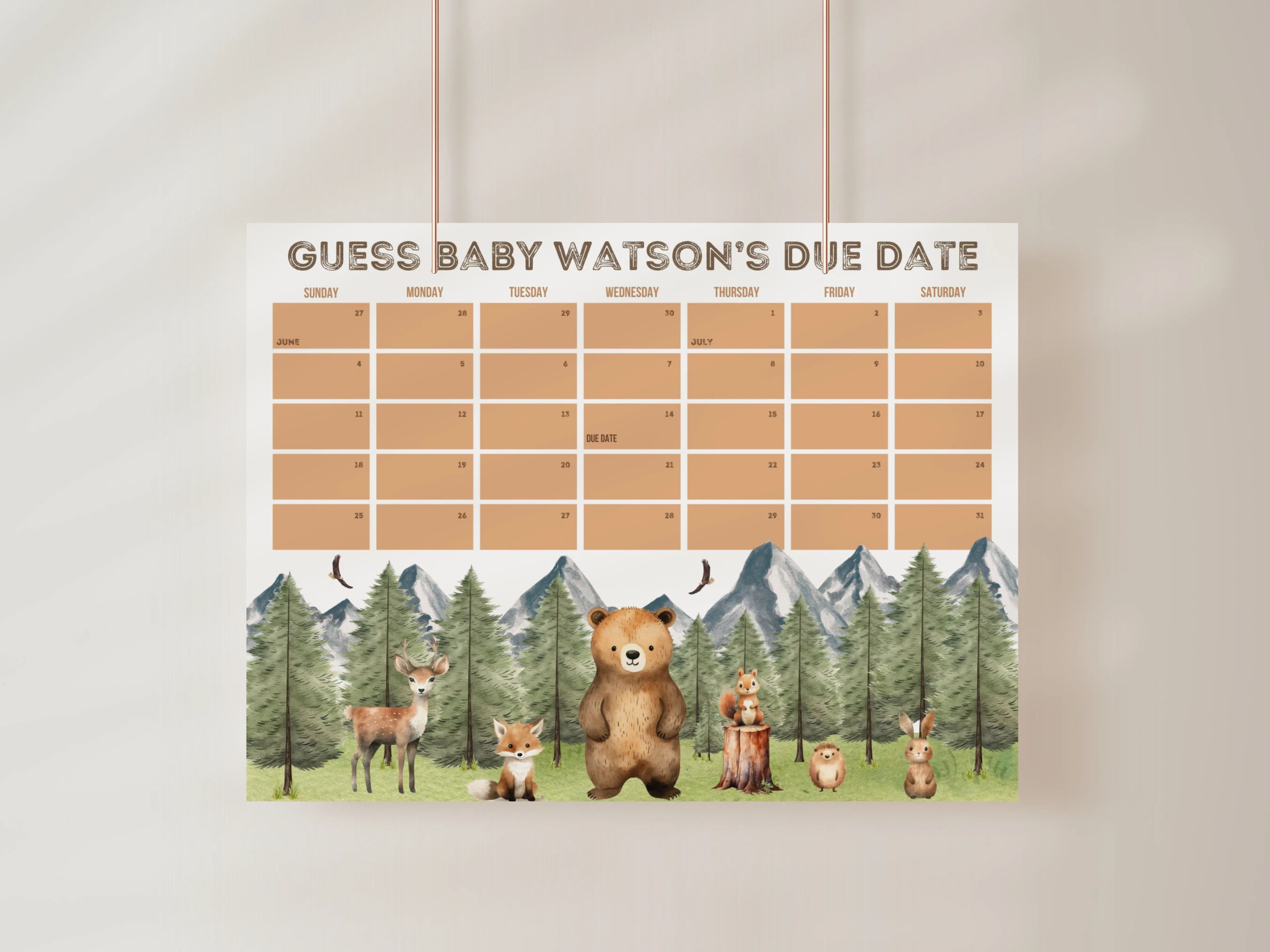woodland baby due date calendar forest animals adventure awaits prediction game canva template digital download, forest animals baby shower prediction game woodland decorations canva template