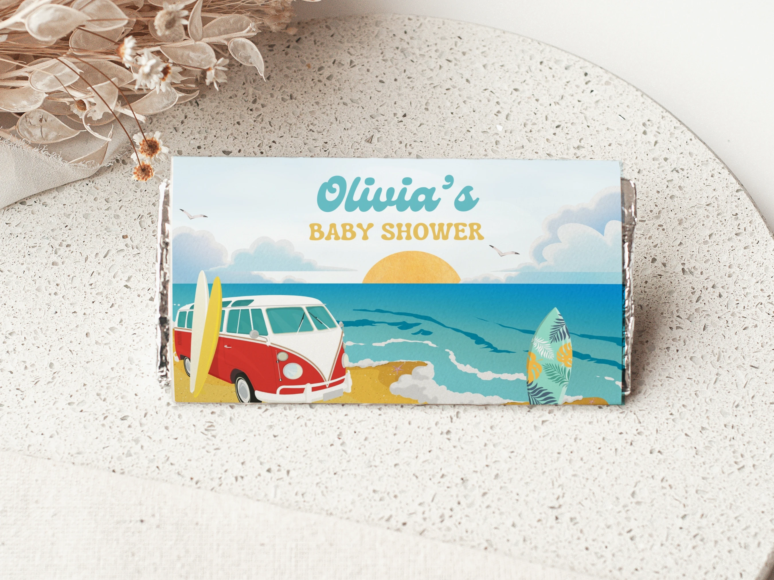 baby on board baby shower chocolate wrapper, surfing candy bar wrapper printable, tropical beach baby shower chocolate label, surf baby shower candy bar label, editable chocolate wrapper Canva