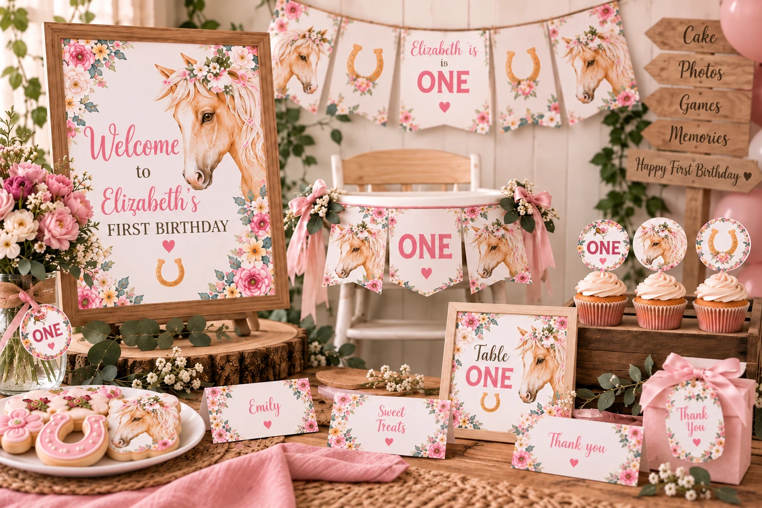 Floral horse first birthday decorations with welcome sign, ONE high-chair banner, cupcake toppers, table signs and matching favors