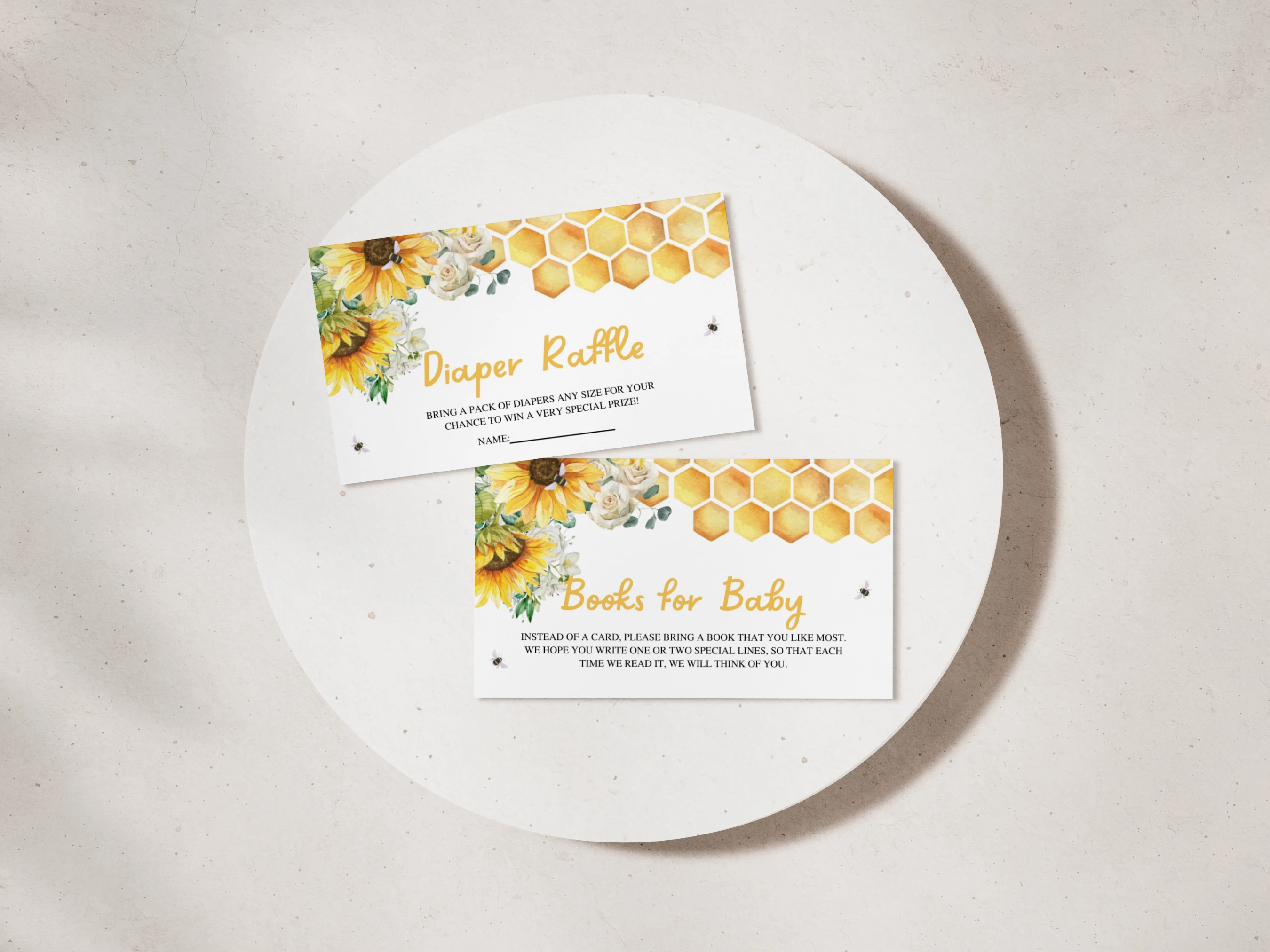bumble bee diaper raffle card, honey bee books for baby card, sunflower baby shower raffle ticket, bee theme baby shower insert printable, editable diaper raffle card Canva