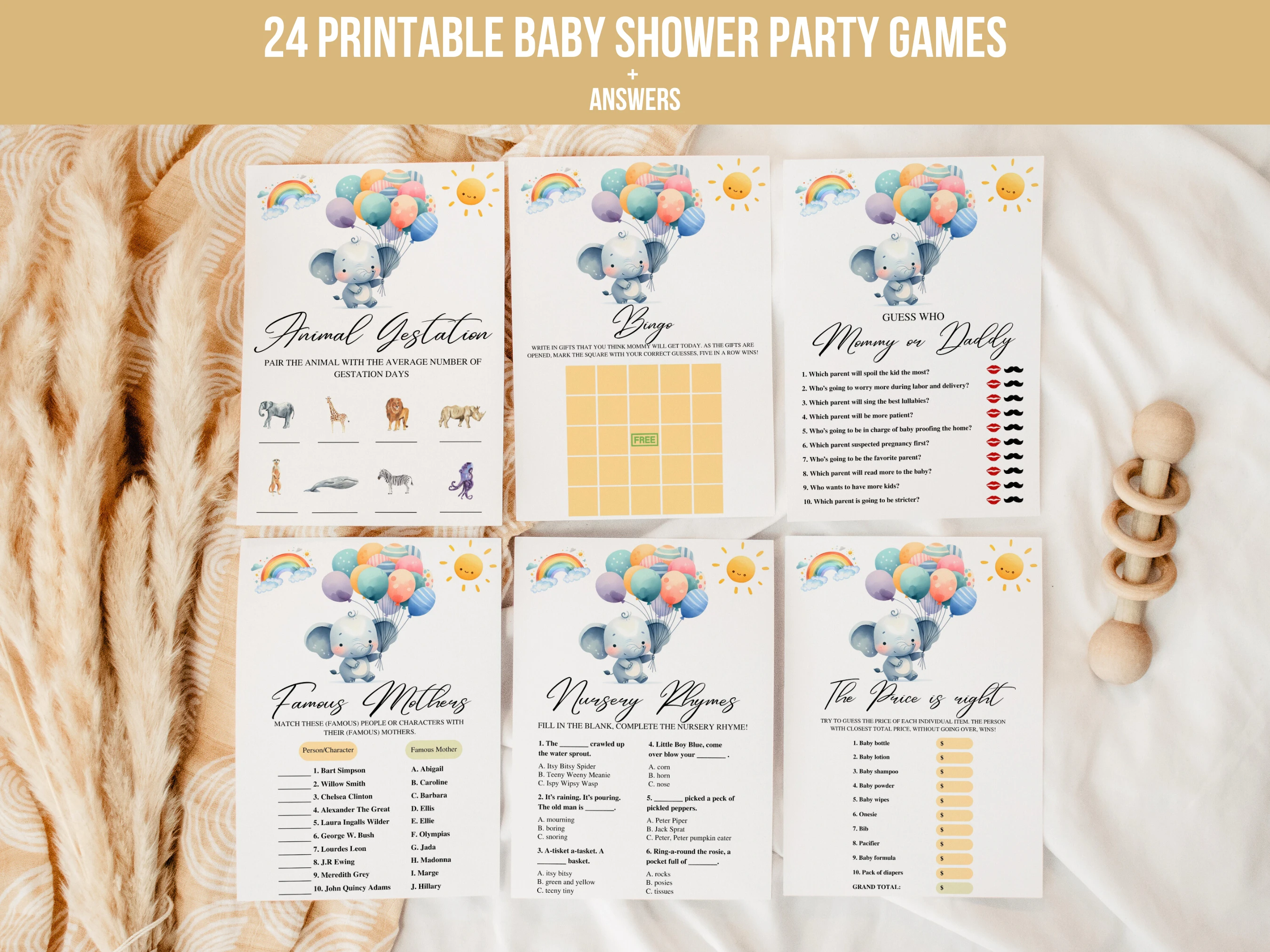 elephant baby shower games bundle, baby shower bingo printable games, little peanut baby shower games, 24 printable baby shower games bundle, editable baby shower games Canva