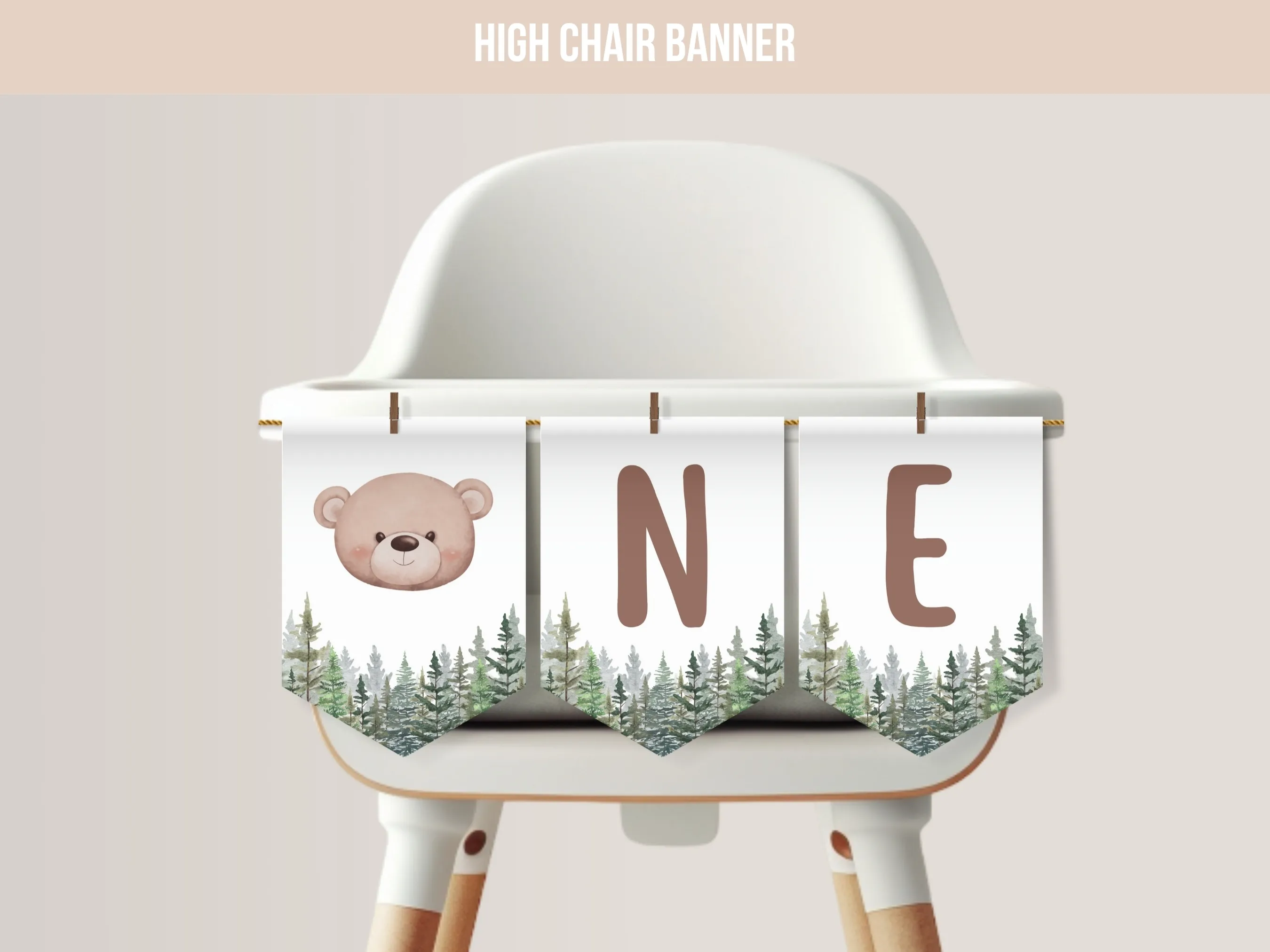 Brown bear birthday high chair banner with woodland theme, customizable “One” birthday banner for first birthdays, editable Canva template by fllcdesigns
