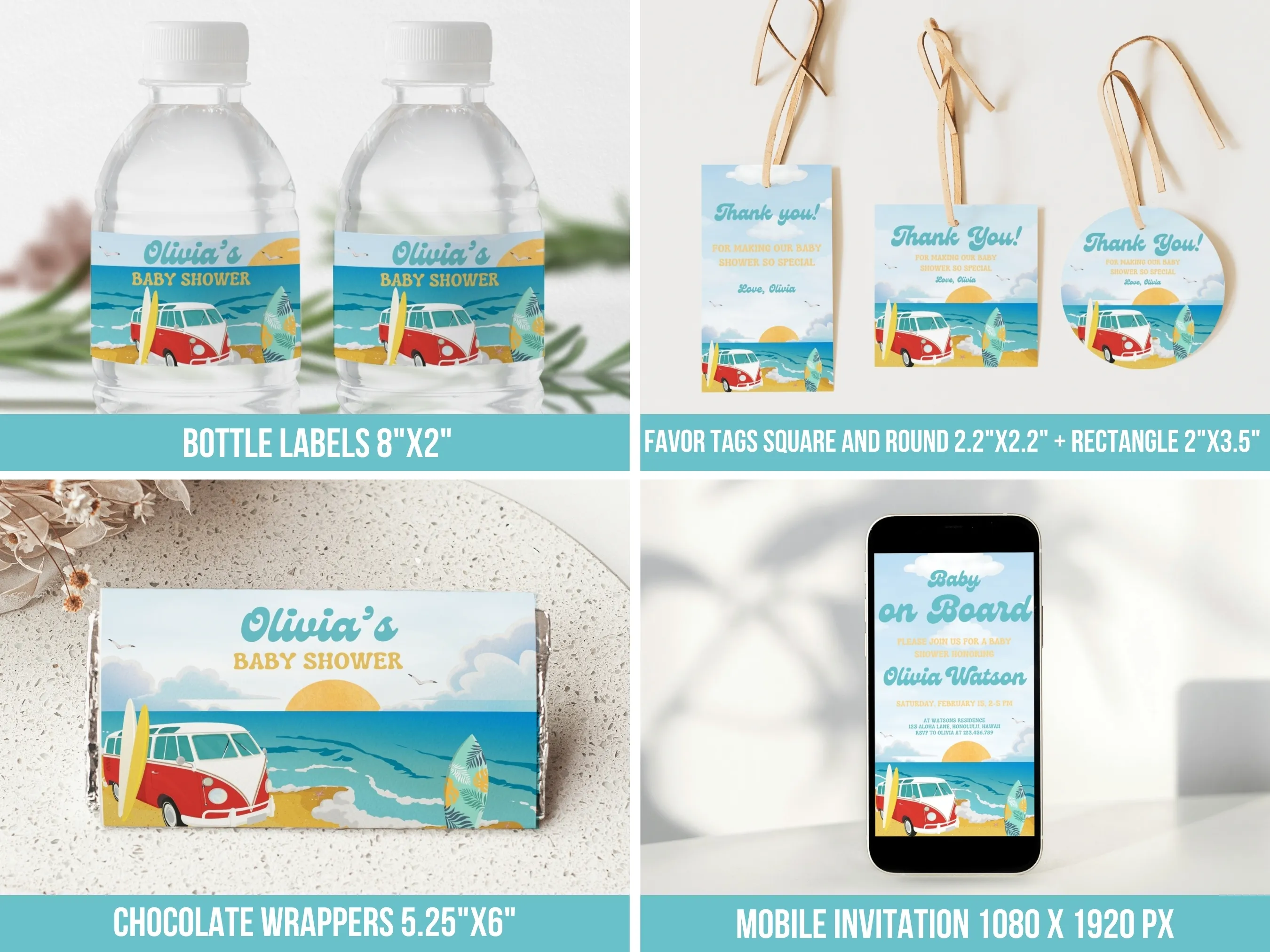 Baby On Board Baby Shower Bundle | Surf Editable Canva Templates | Tropical Beach Theme | Digital Download