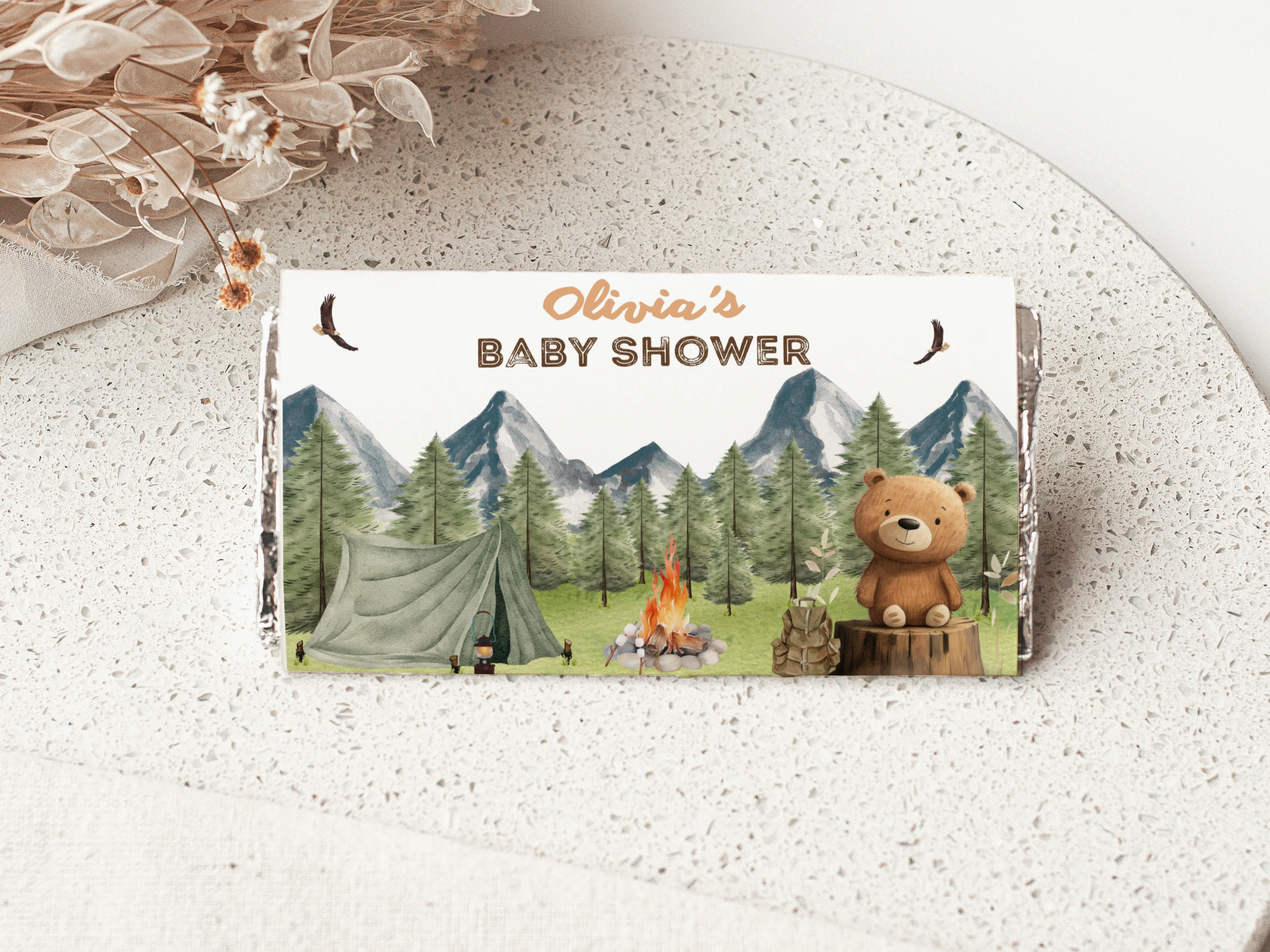 little camper baby shower chocolate wrapper, adventure awaits candy bar wrapper printable, woodland bear baby shower chocolate label, camping baby shower candy bar label, editable chocolate wrapper Canva