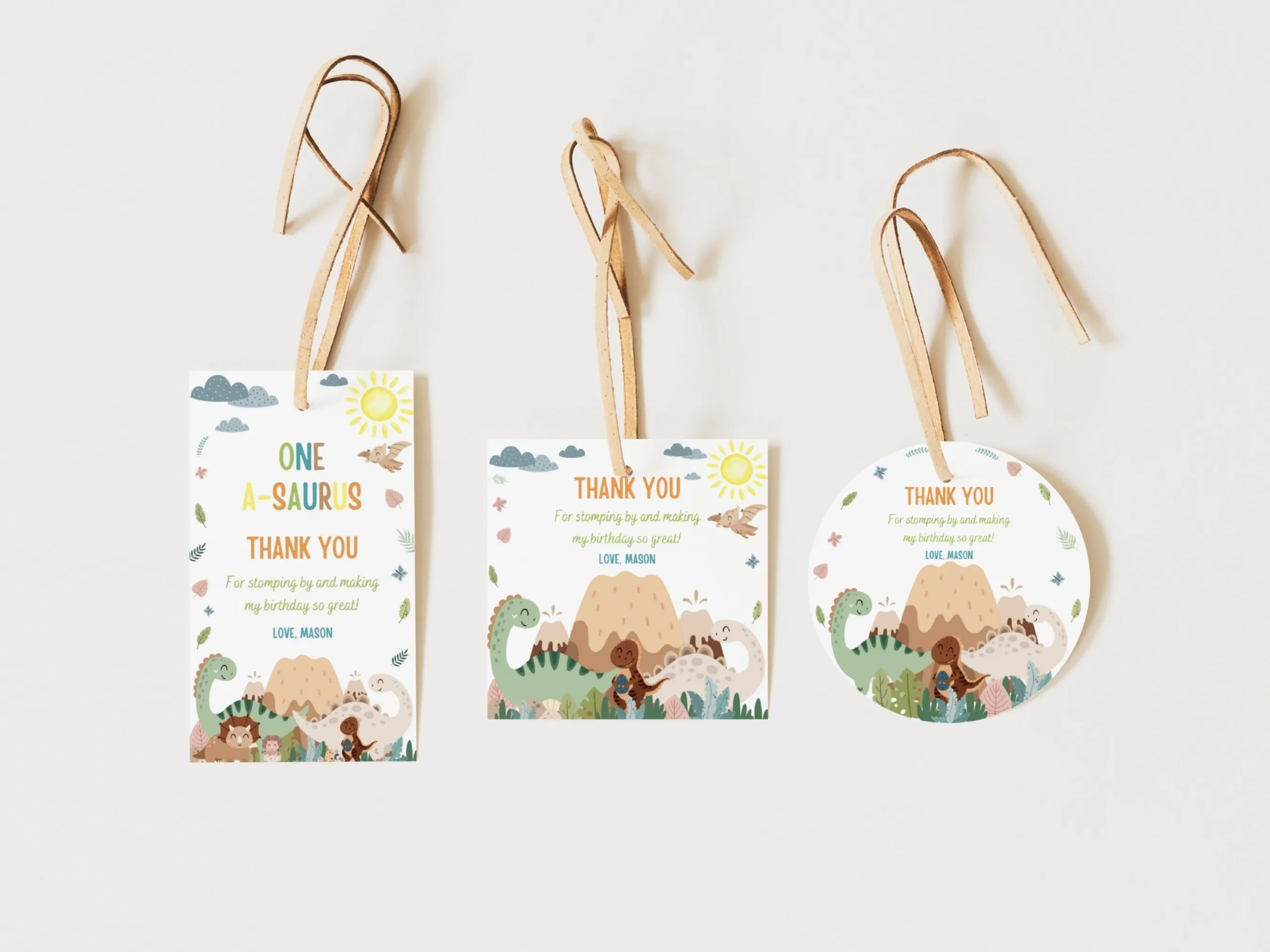 Baby boy dinosaur birthday favor tags with blue dino theme, cute party thank you labels, editable Canva template by fllcdesigns