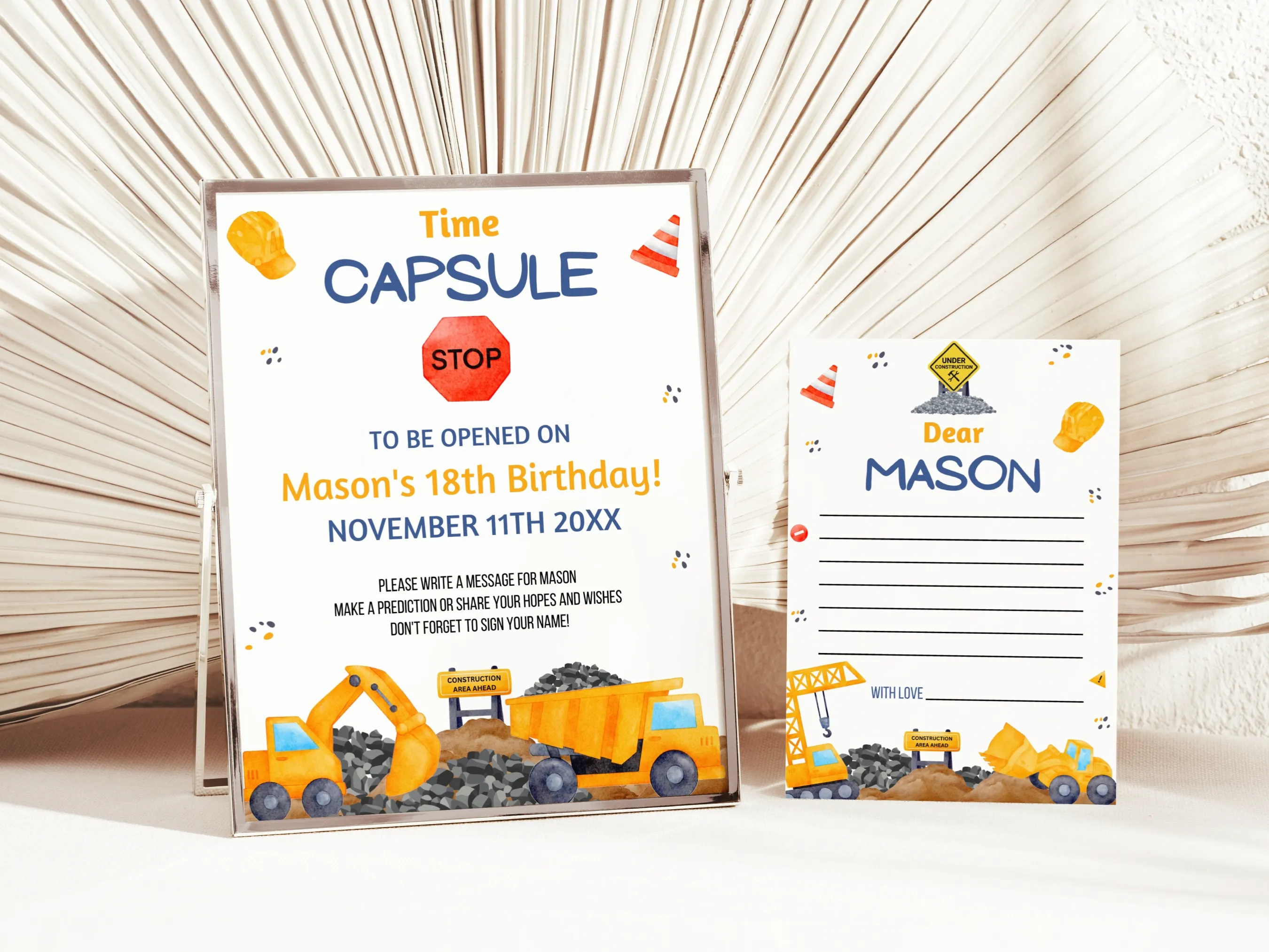 Construction 1st birthday time capsule sign and wishes card with excavator theme, editable Canva guest book template, digital download.