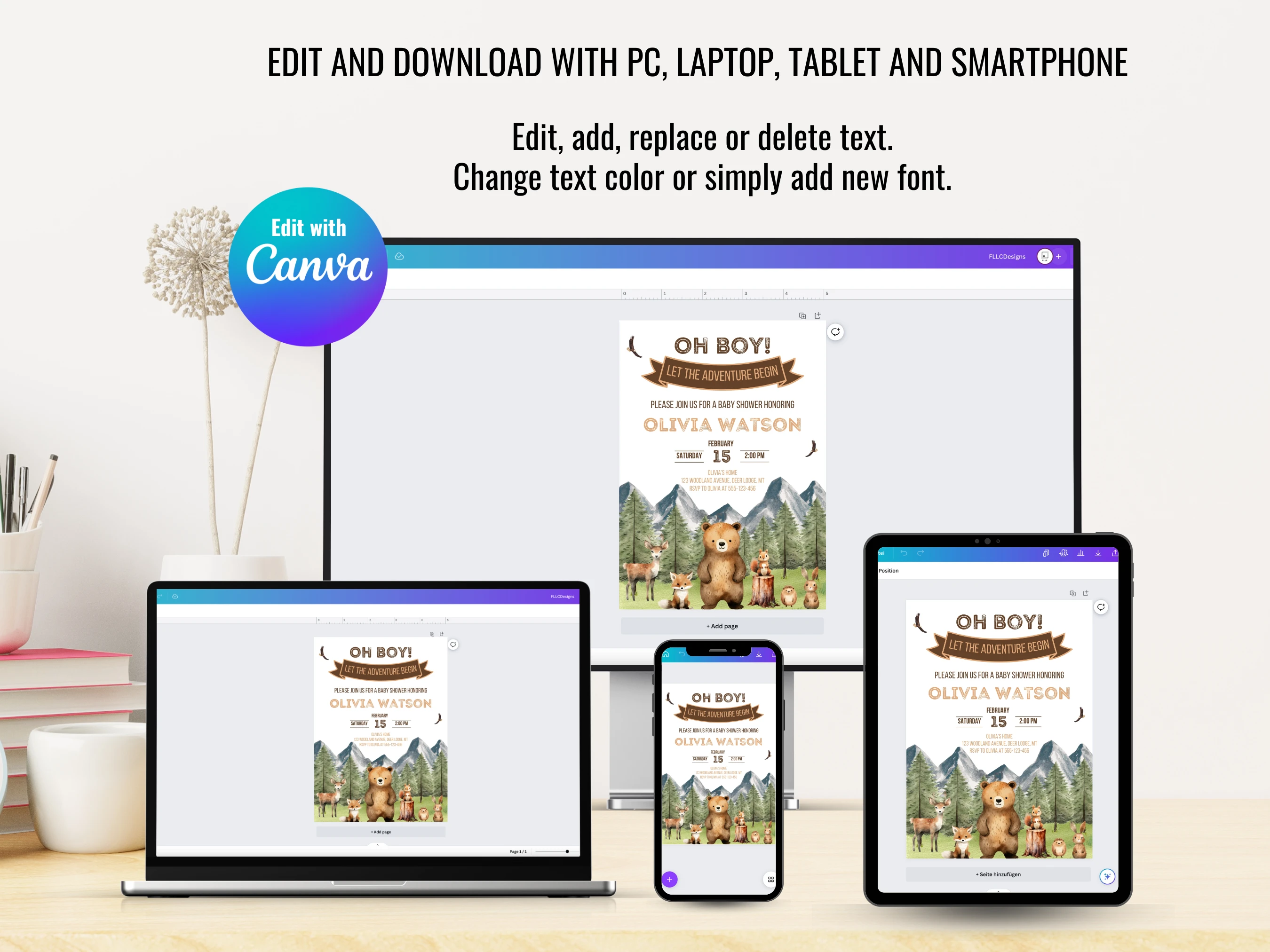 Woodland Baby Shower Invitation Set | Forest Animals Let The Adventure Begin Starter Pack For Baby Boy | Editable Canva Template | Digital Download