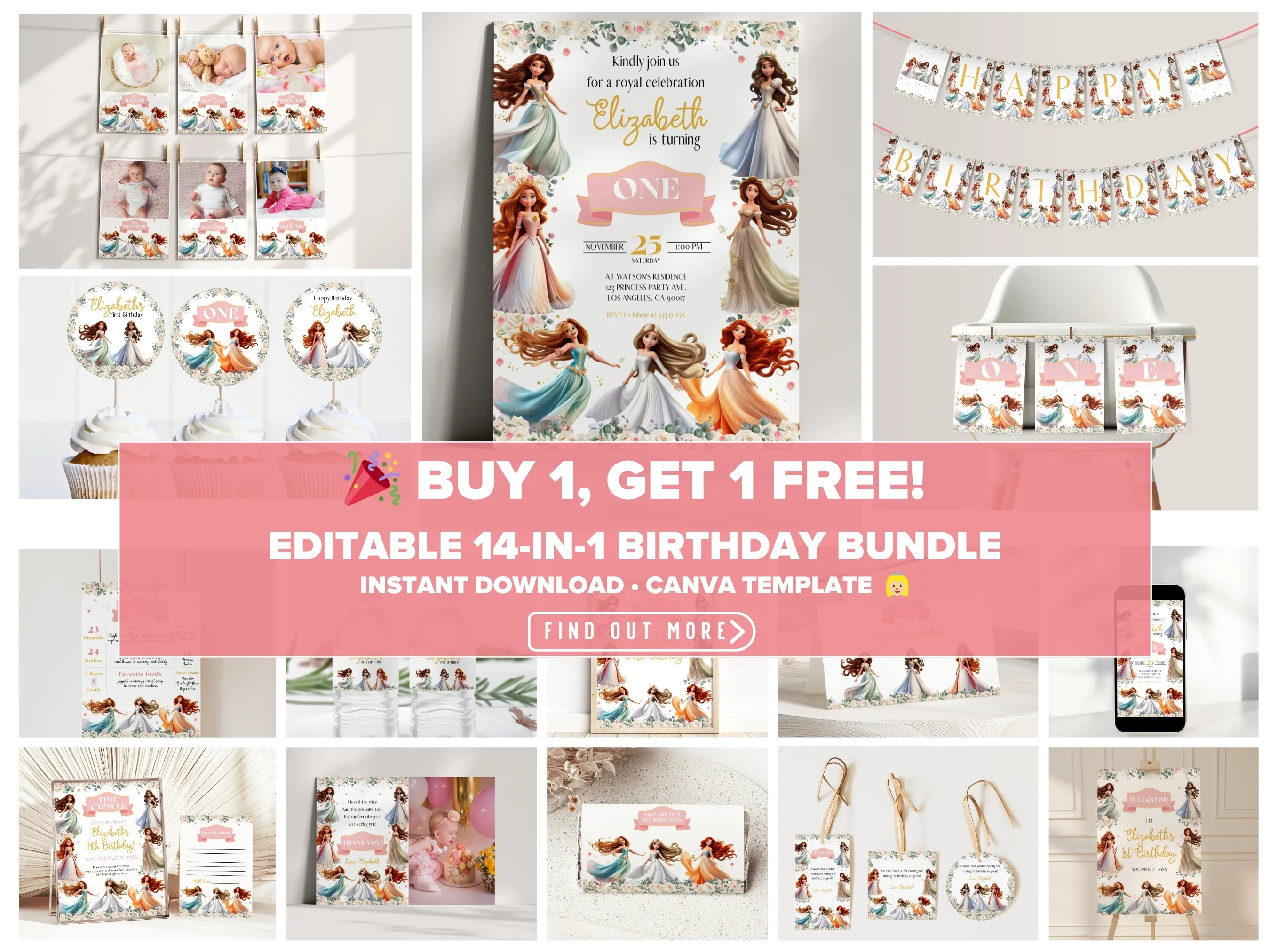 Princess birthday party bundle — pink and gold theme editable Canva templates for invitations, signs & party decorations (digital download)