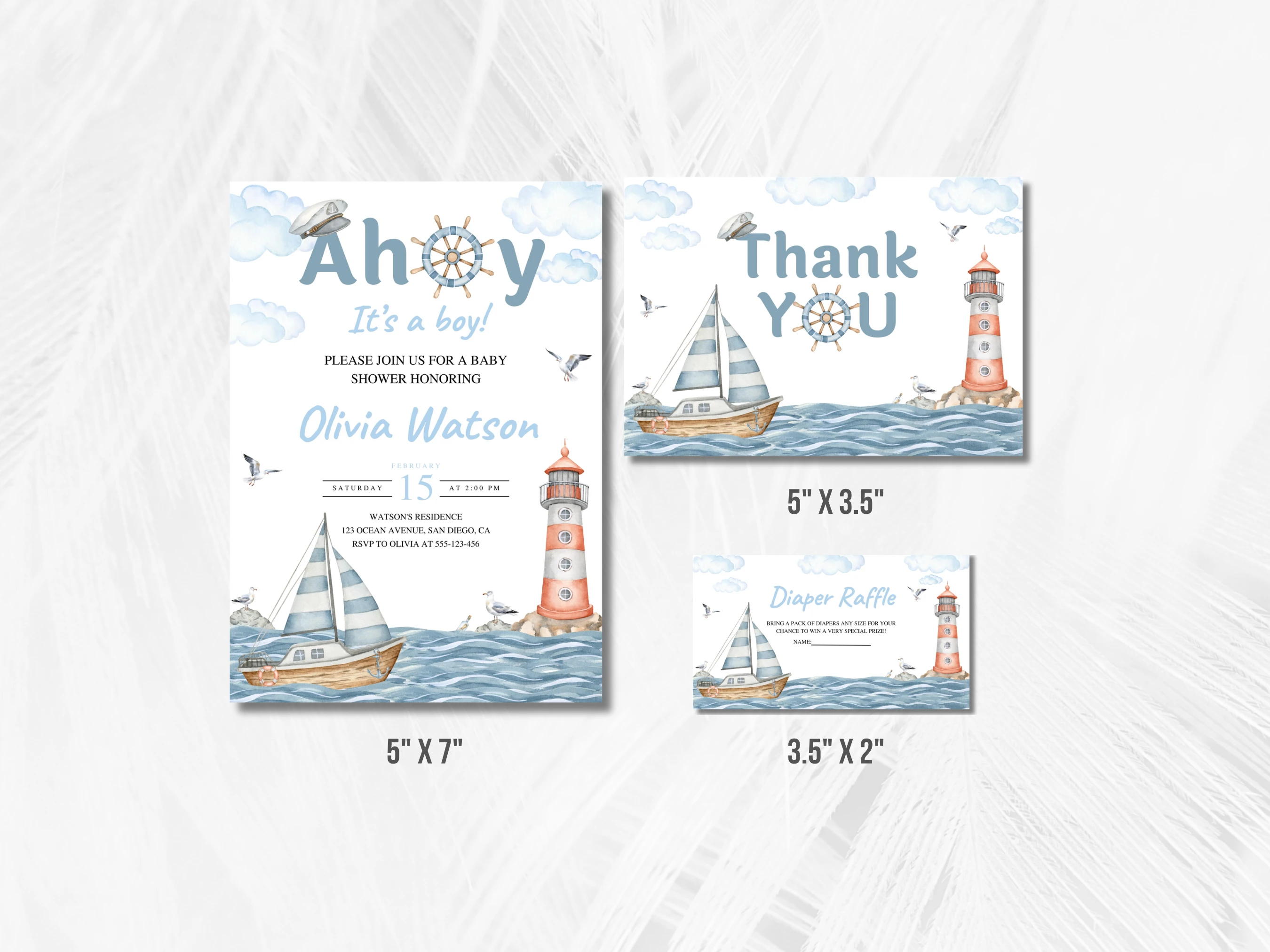 Nautical Baby Shower Invitation Set | Ahoy It's a Boy Blue Starter Pack For Baby Boy | Editable Canva Template | Digital Download