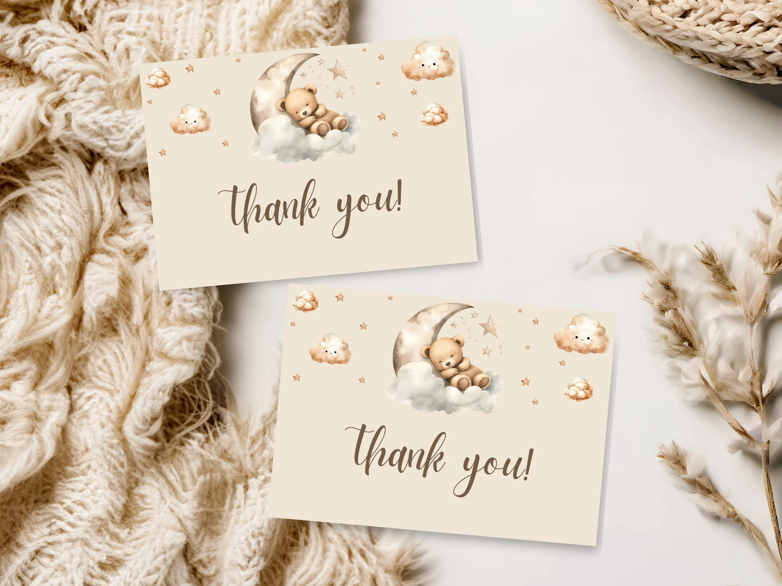 Sleeping Teddy Bear Baby Shower Invitation Set | Beige And Gold Over The Moon Starter Pack | Editable Canva Template | Digital Download