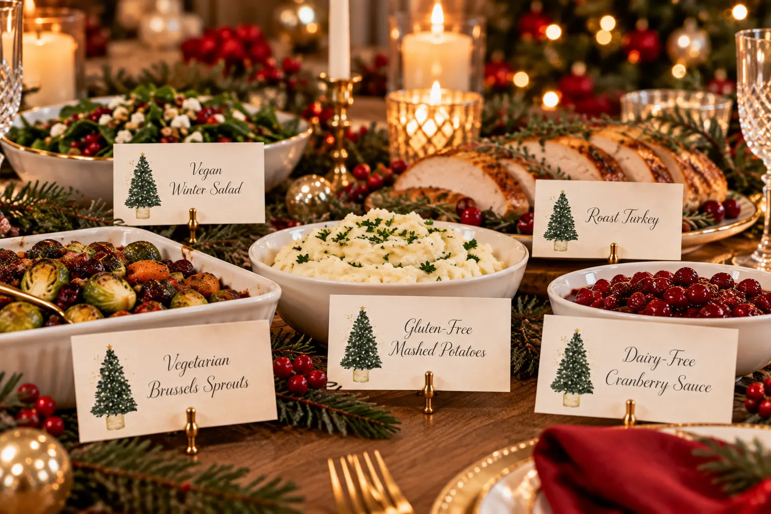 Christmas buffet with clearly labelled vegan, vegetarian, gluten-free and dairy-free dishes