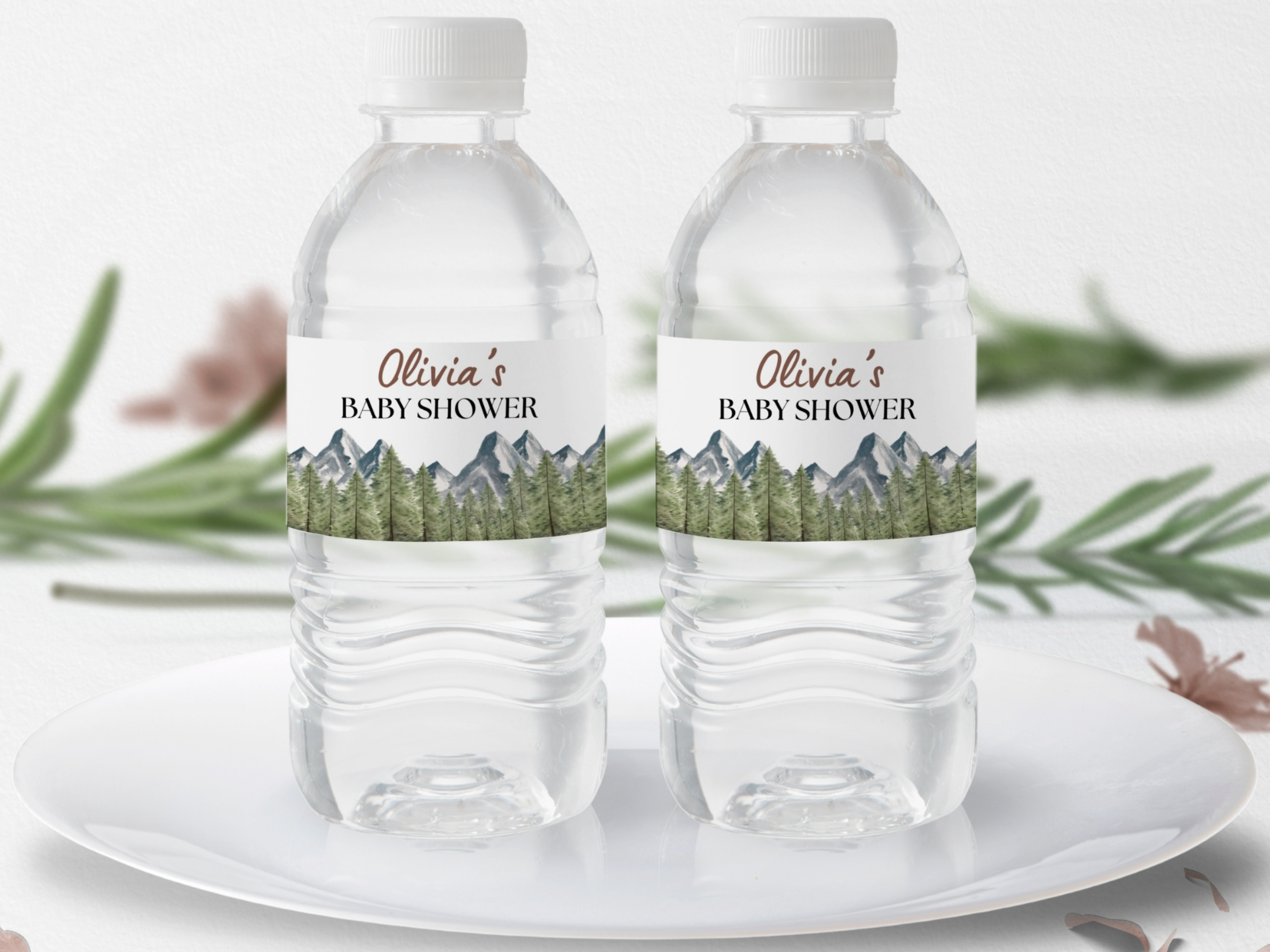 adventure awaits baby shower bottle label, woodland bottle sticker printable, mountain baby shower drink label, forest baby shower bottle wrapper, editable bottle label Canva