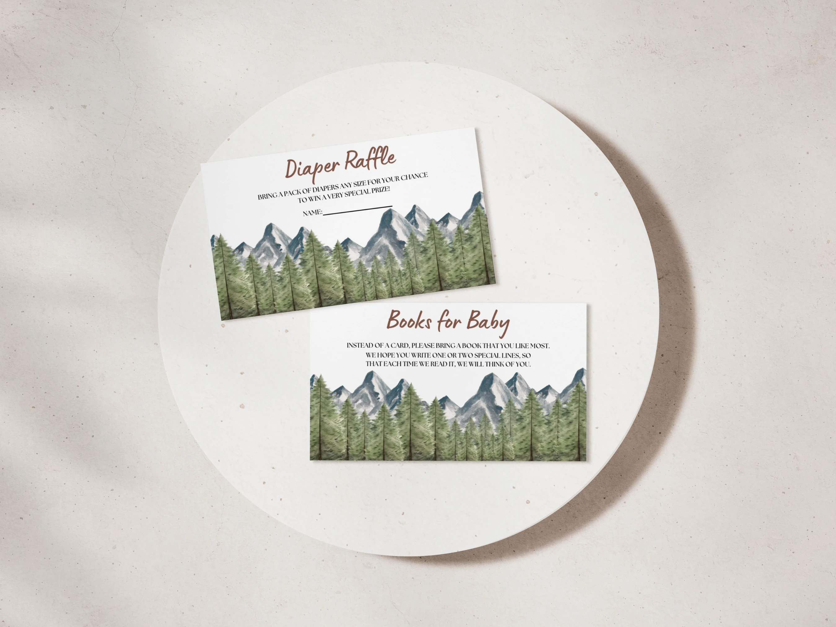 adventure awaits diaper raffle card, woodland books for baby card, baby shower diaper raffle ticket printable, forest baby shower insert card, editable diaper raffle card Canva
