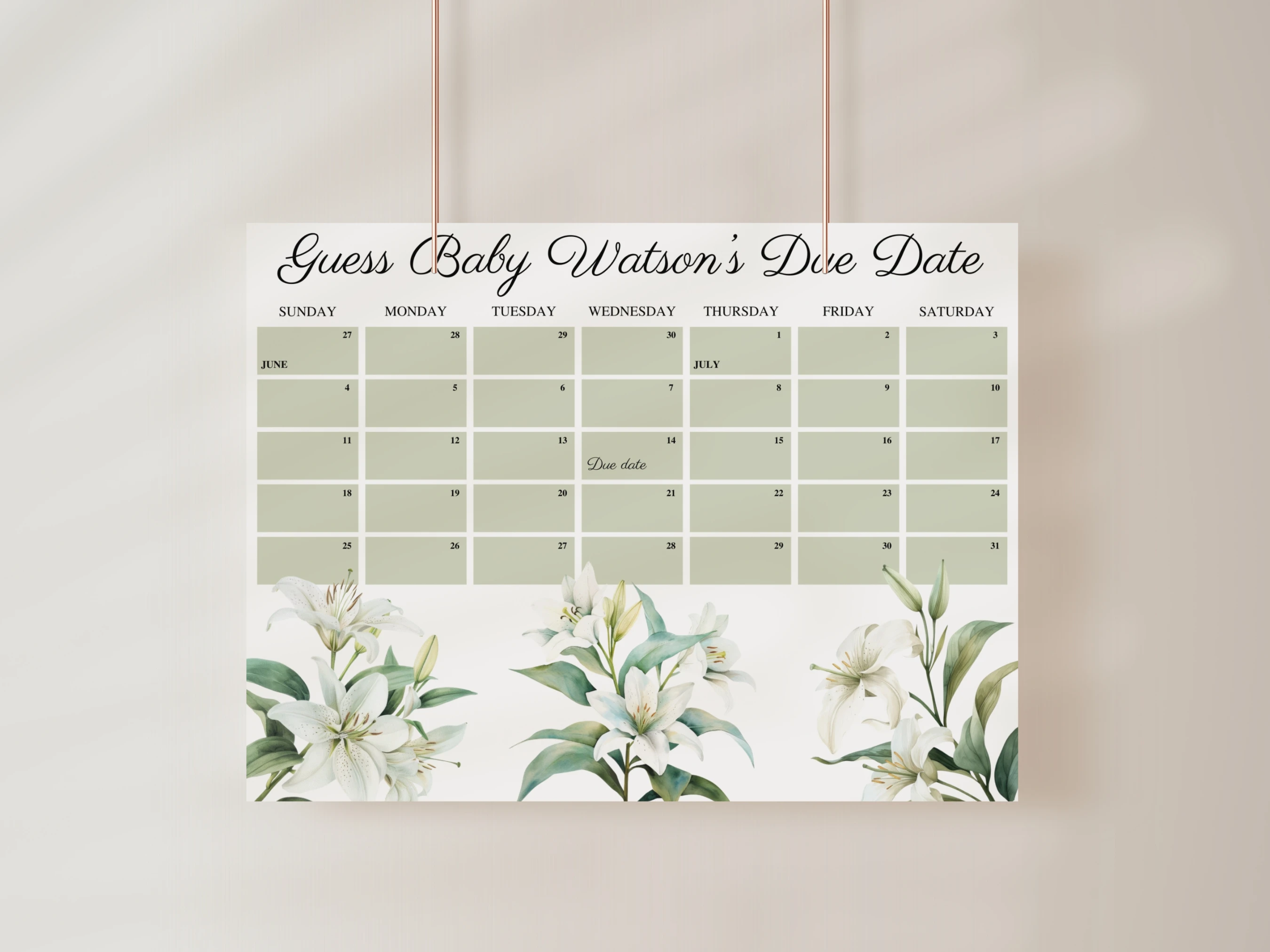 baby in bloom baby due date calendar wildflower greenery baby girl prediction game canva template digital download, wildflower baby shower prediction game greenery baby girl decorations canva template