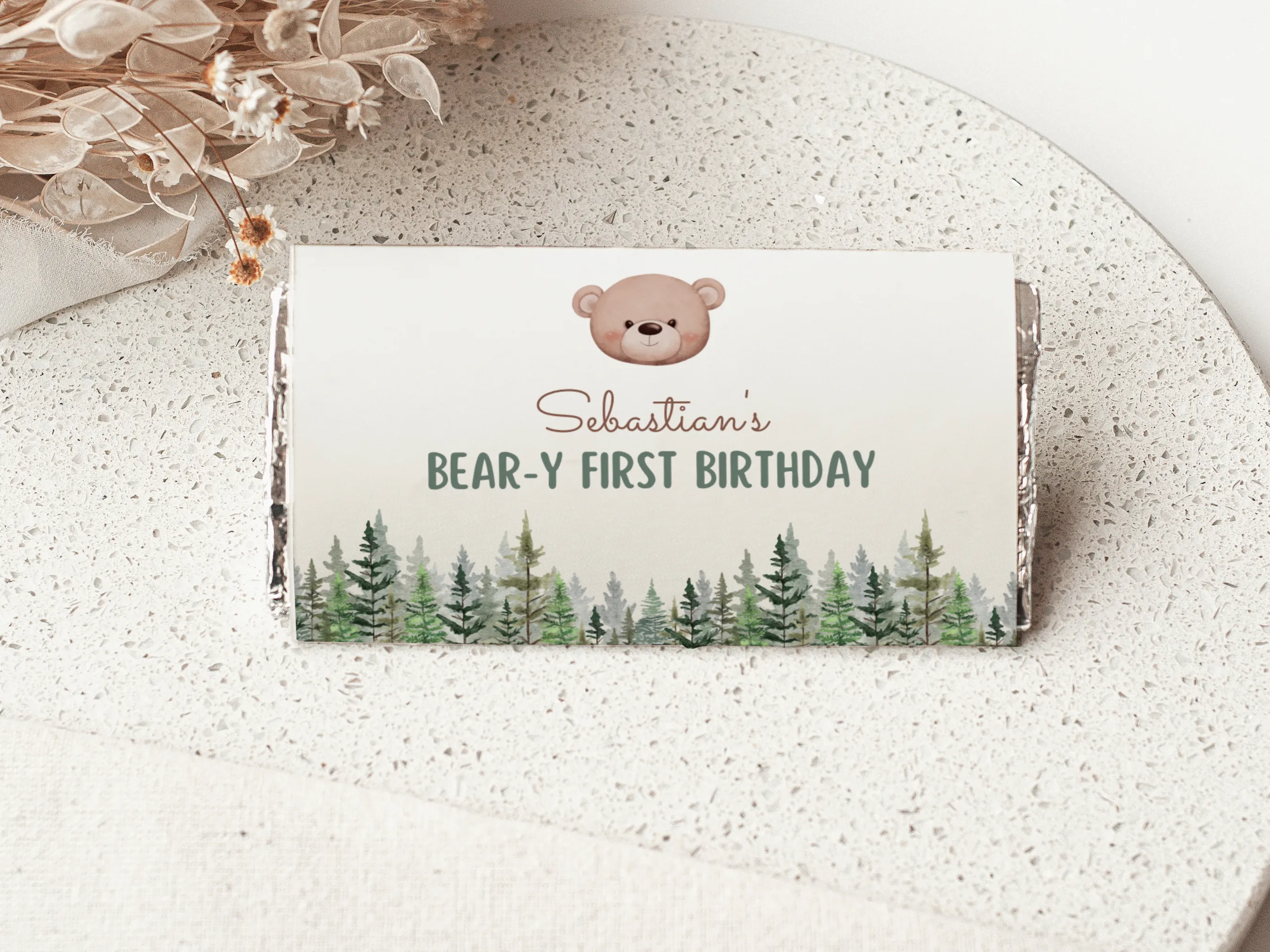 Woodland bear birthday chocolate wrapper with cute brown bear and forest theme, matching candy wrappers and candy bar labels, editable Canva template by fllcdesigns