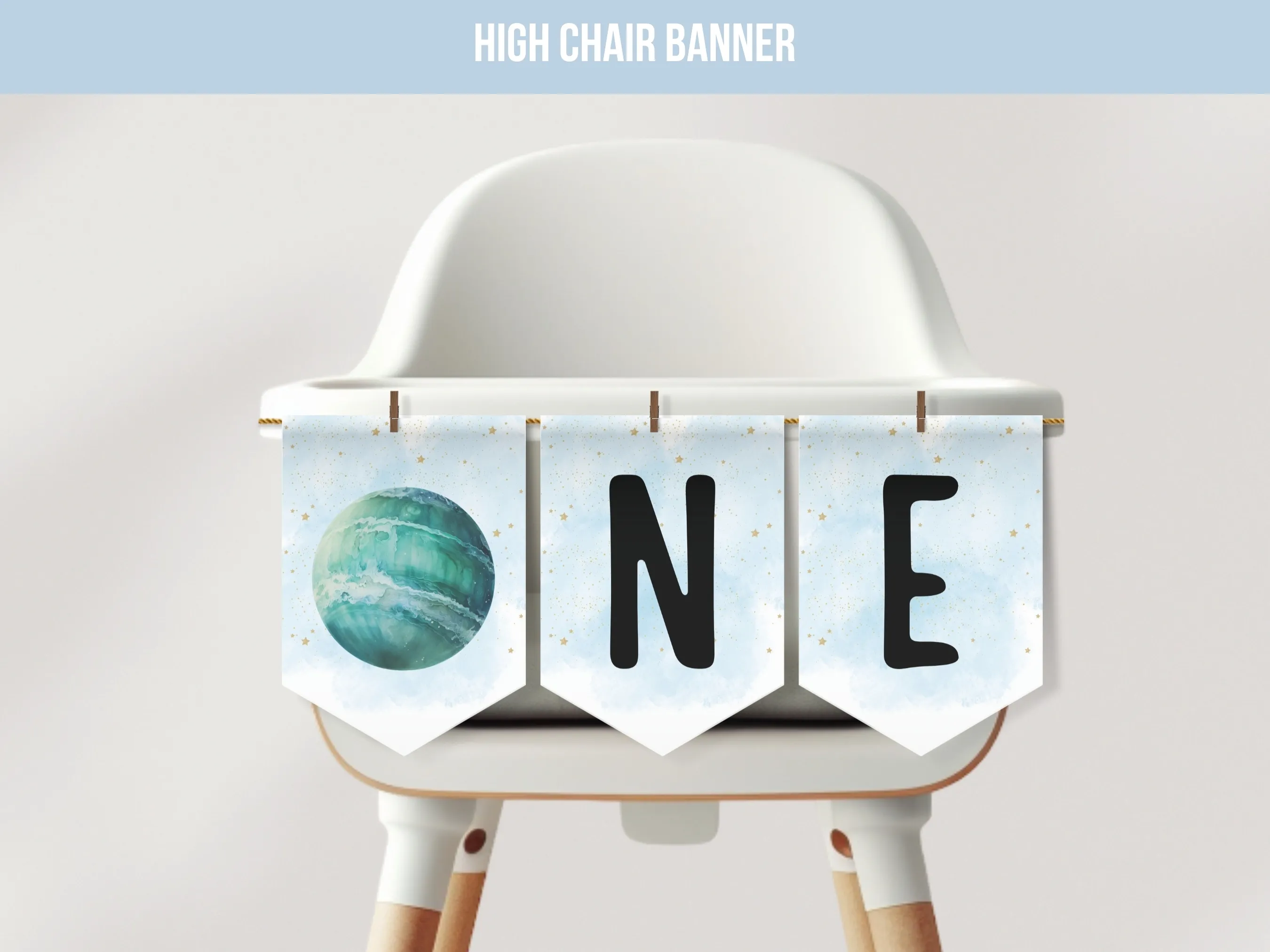 Outer space high chair banner with galaxy theme and ONE lettering for a first birthday boy, editable Canva template digital download by fllcdesigns